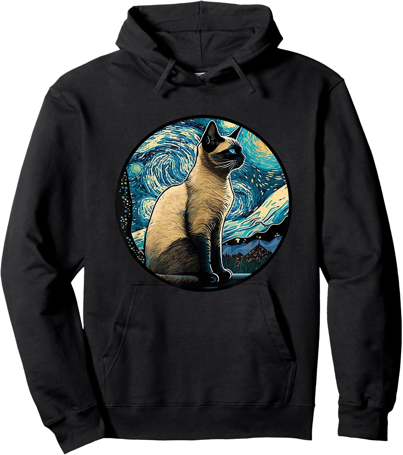 Siamese Cat in Starry Night Painting Men Women Kids Hoodie - Hoodie | Black