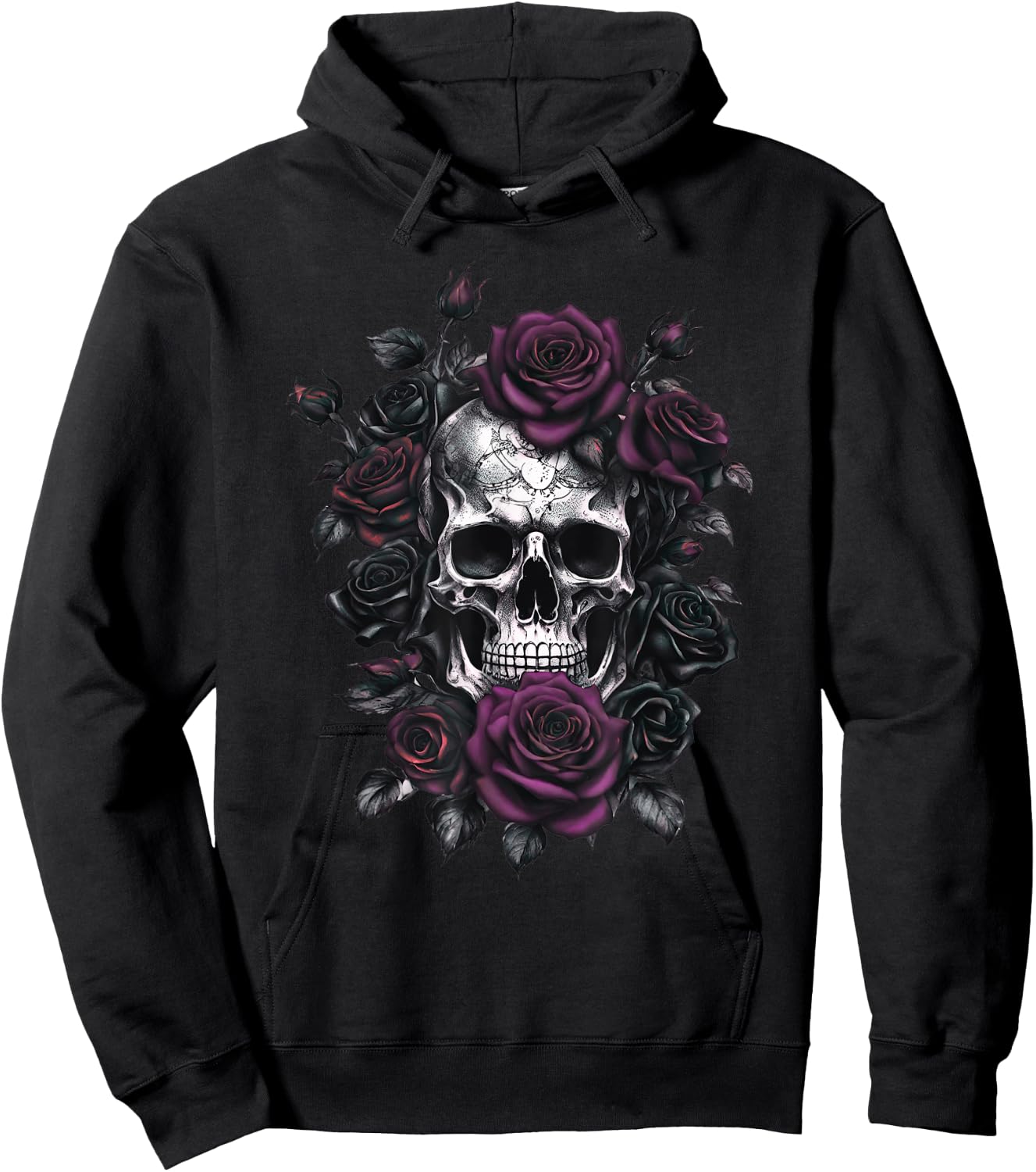 Skeleton Metalhead Skulls and Roses Metal Rock Purple Roses Hoodie - Hoodie | Black