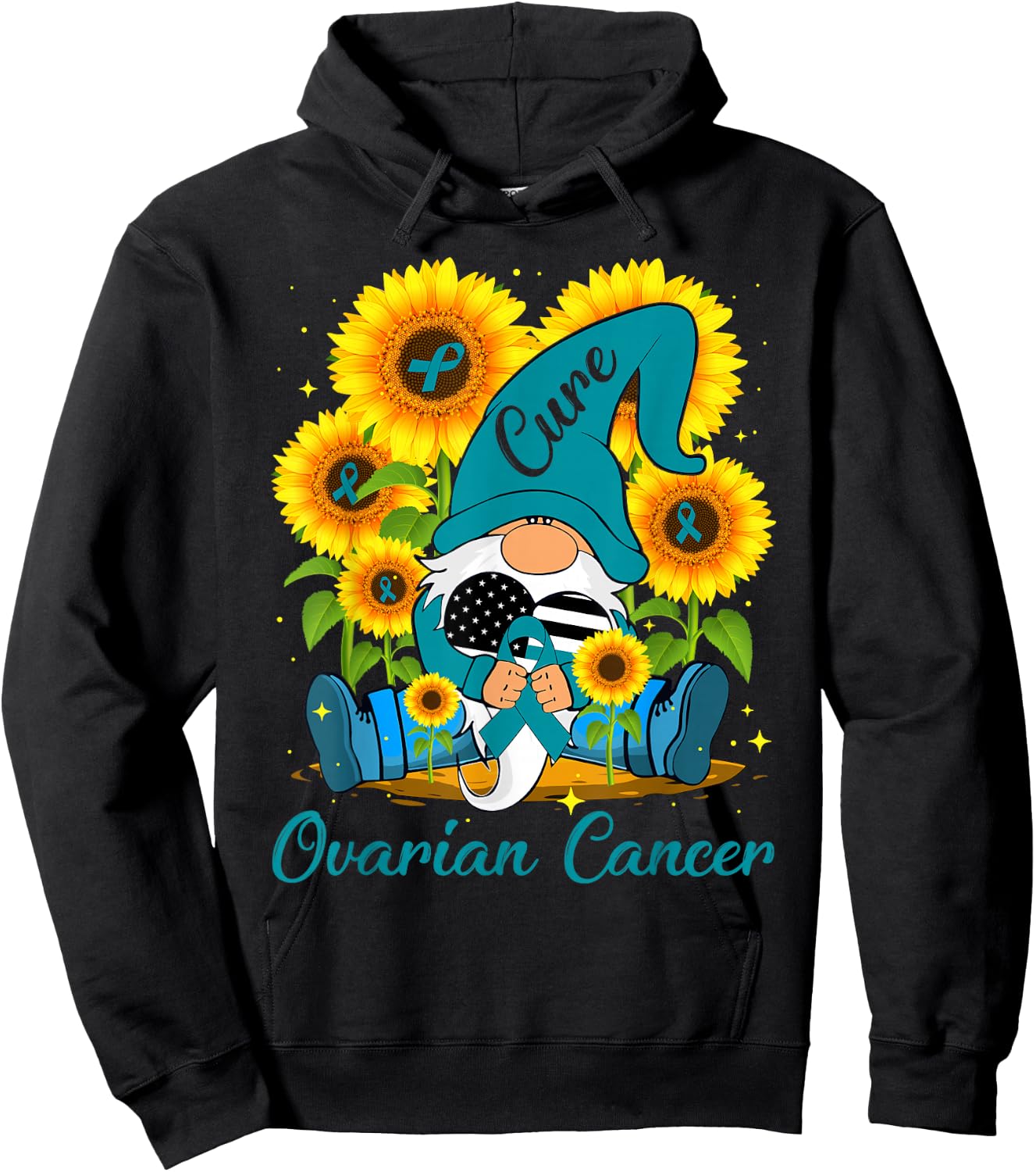 Cure Ovarian Cancer Awareness Day Fighter Gnome Teal Ribbon Hoodie - Hoodie | Black