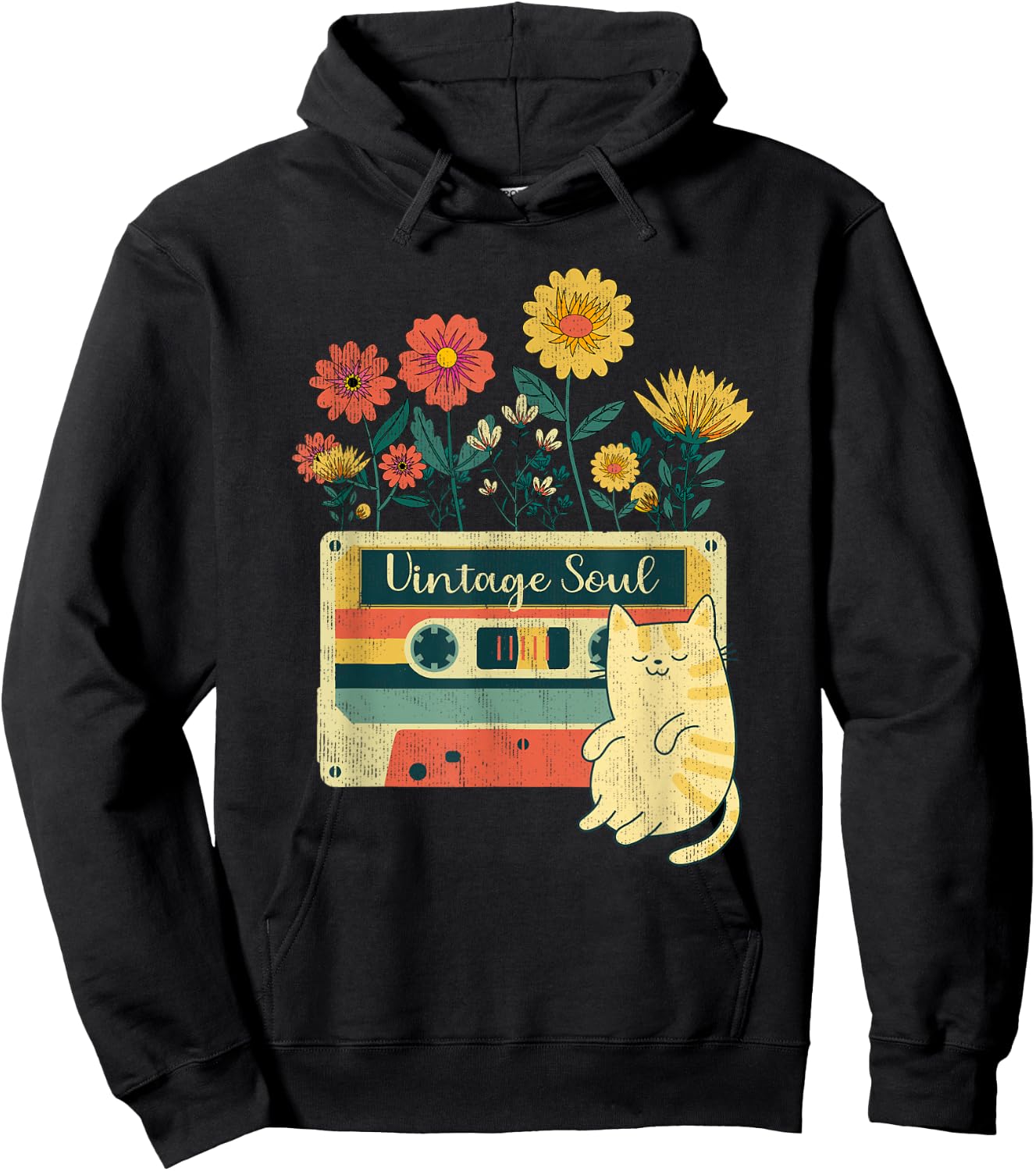 Vintage Cat Shirt - Retro Soul Flowers Wildflower Hoodie - Hoodie | Black
