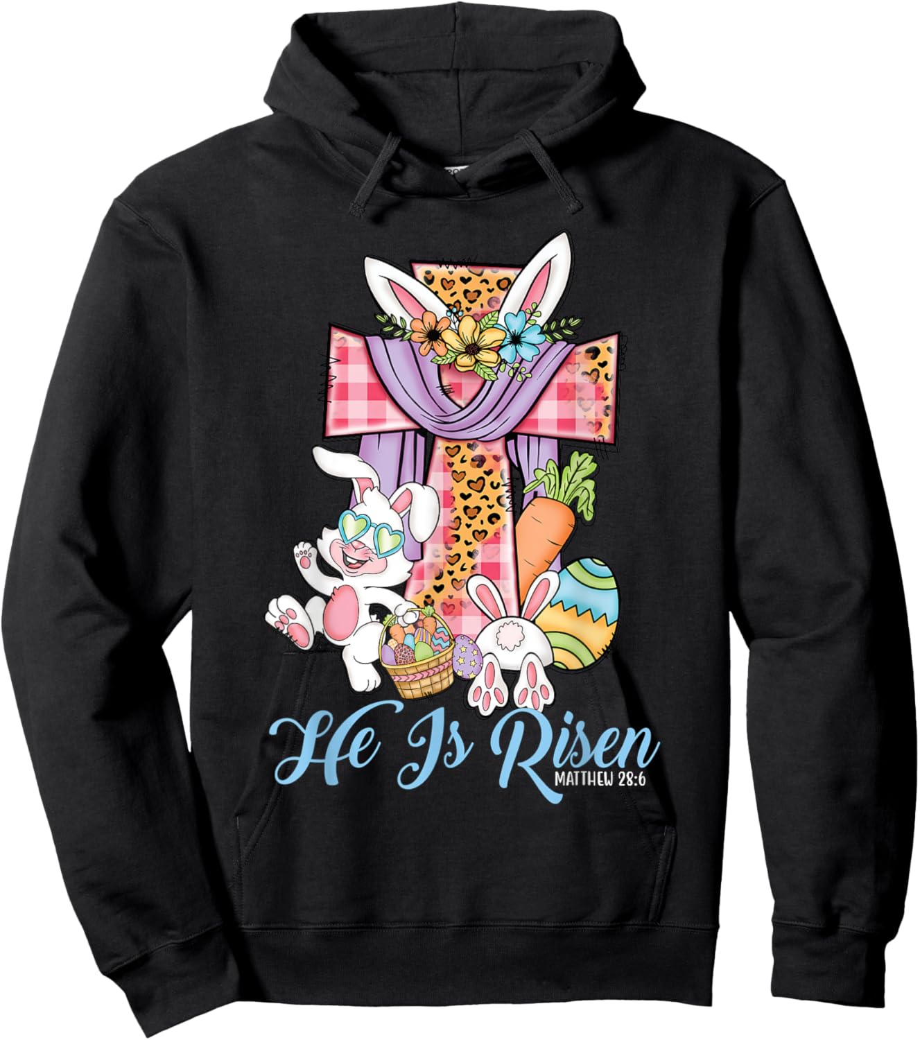 He is Risen Kids Leopard Cross Bunny Happy Easter Hoodie - Hoodie | Black
