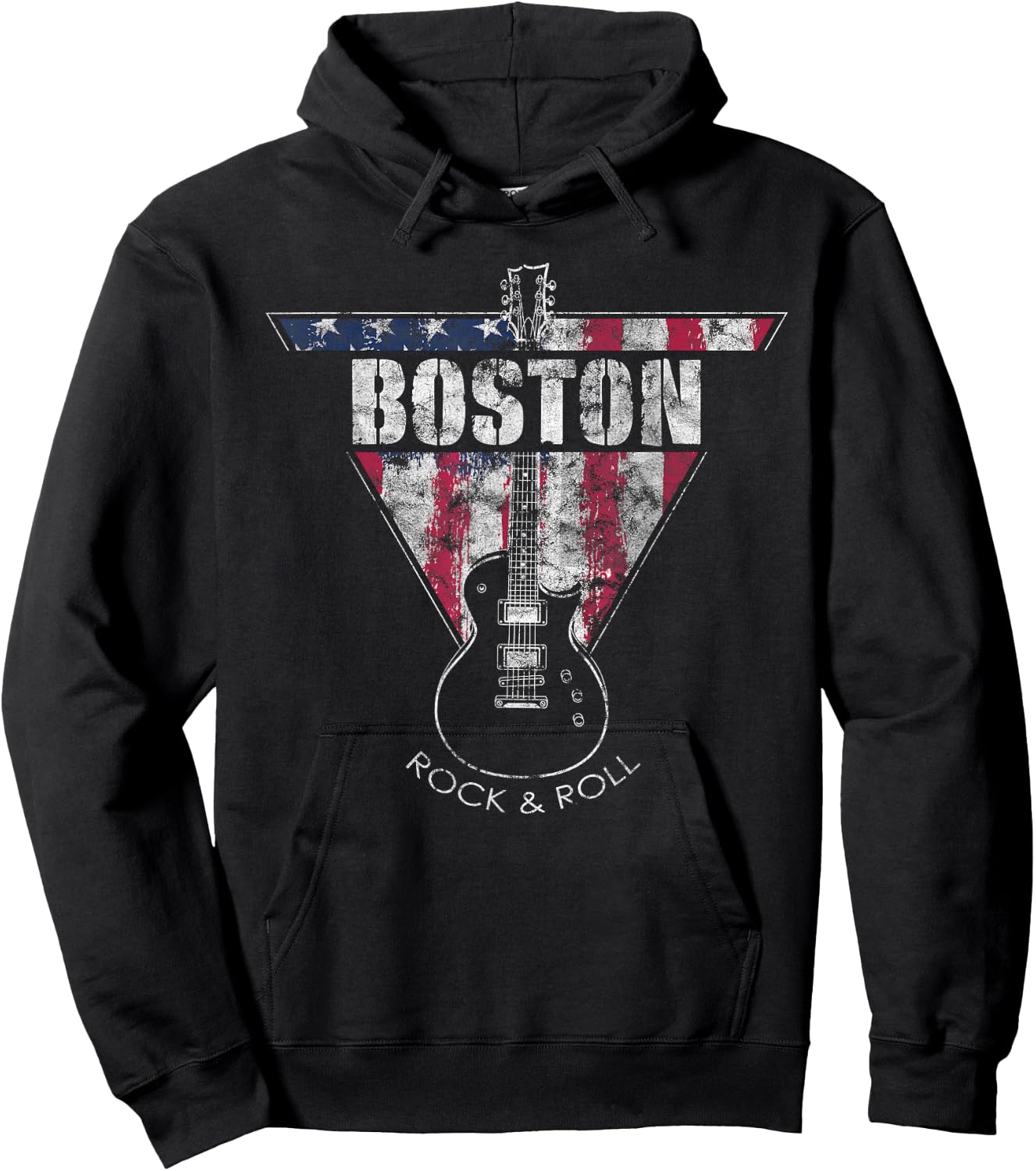 Boston Souvenir Vintage American Flag Guitar Player Rock Fan Hoodie - Hoodie | Black