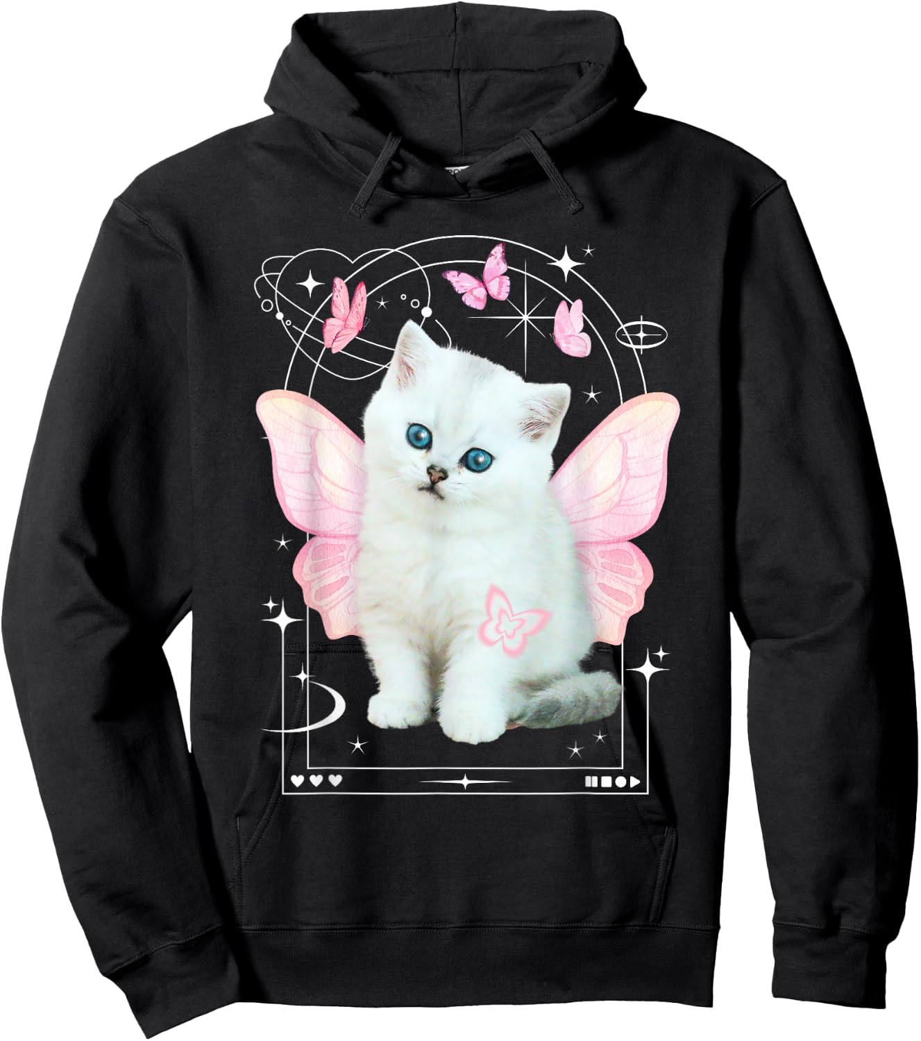 Cute y2k Aesthetic Cat Butterfly Fairy Cyber 2000s Graphic Hoodie - Hoodie | Black