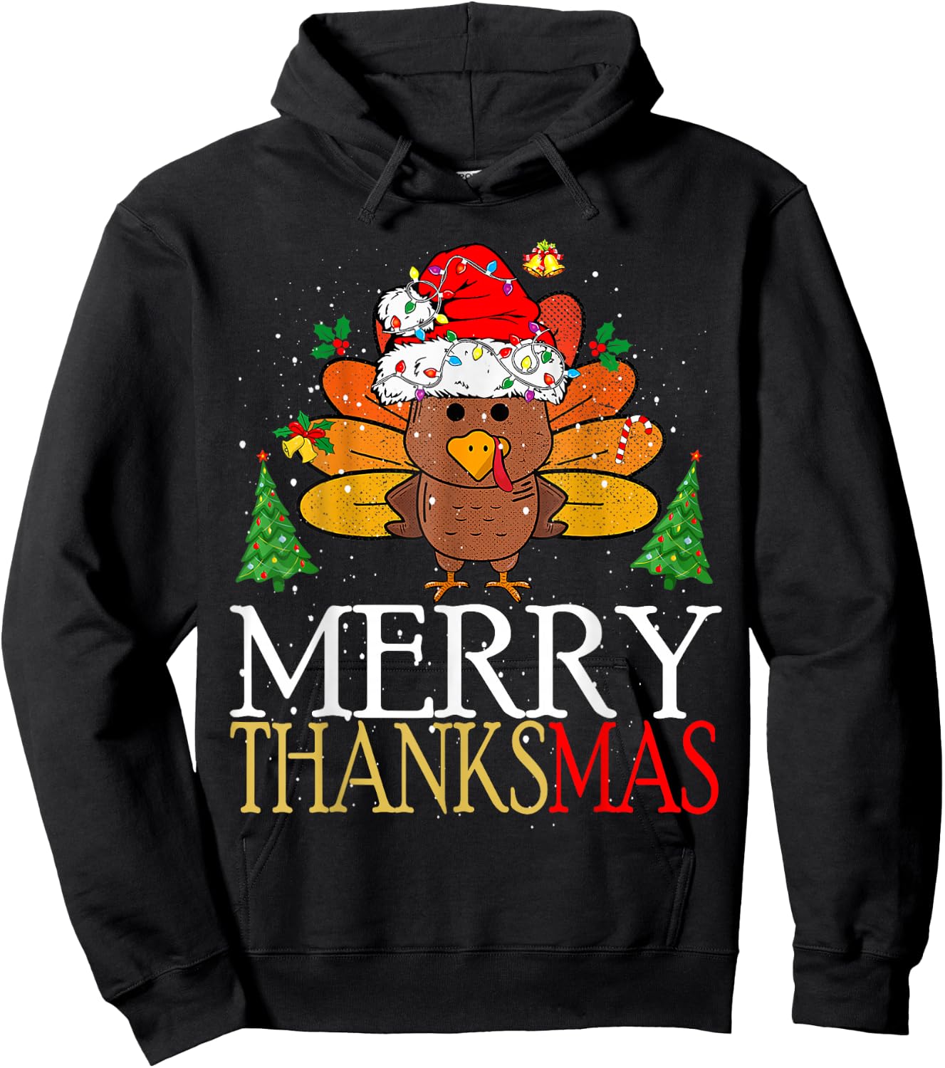 Merry Thanksmas Happy Thanksgiving Santa Turkey Hoodie - Hoodie | Black