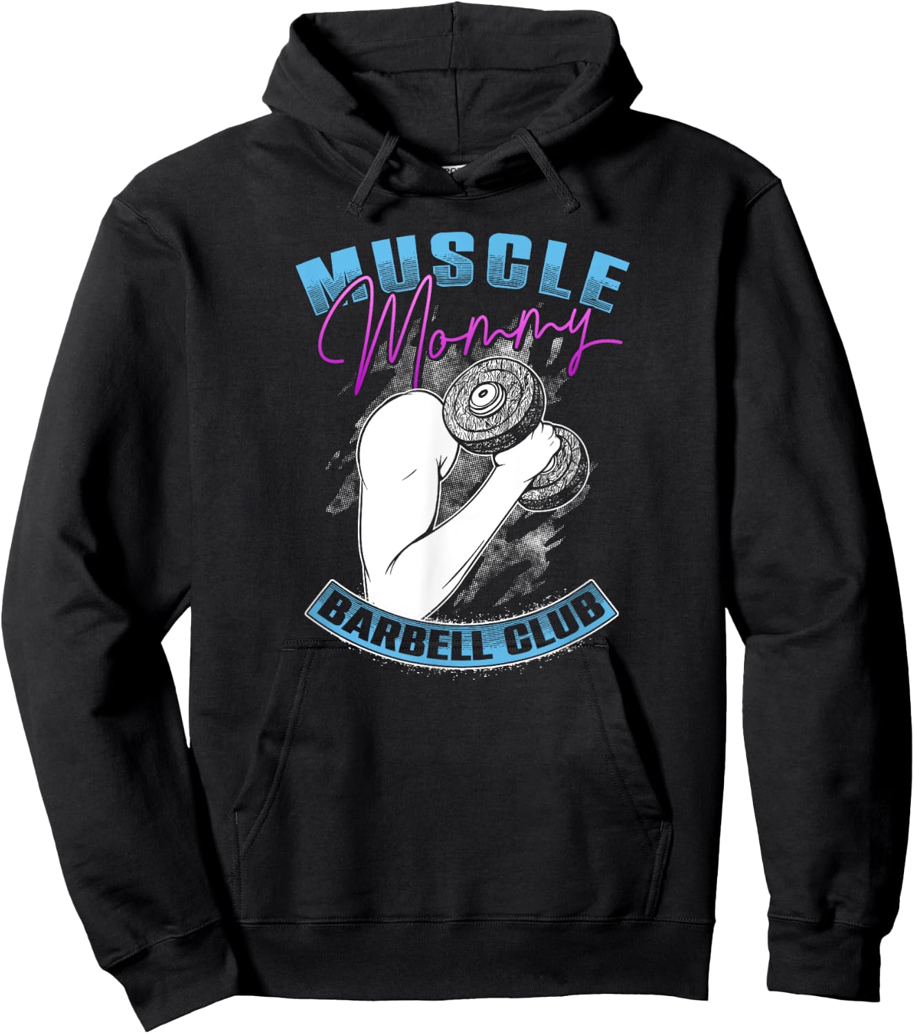 Retro Blue Pink Muscle Mommy Barbell Lifting Club Hoodie - Hoodie | Black