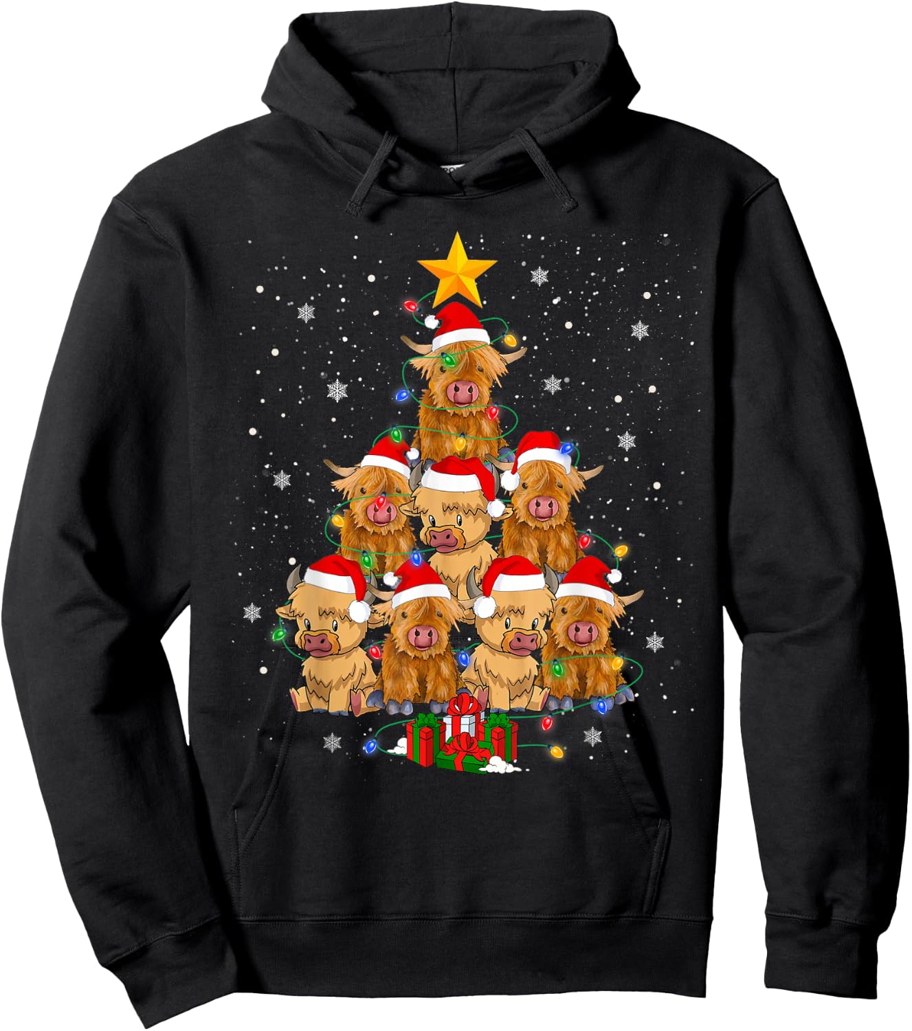 Scottish Highland Cow Christmas Tree Funny Cow Lover Xmas Hoodie - Hoodie | Black