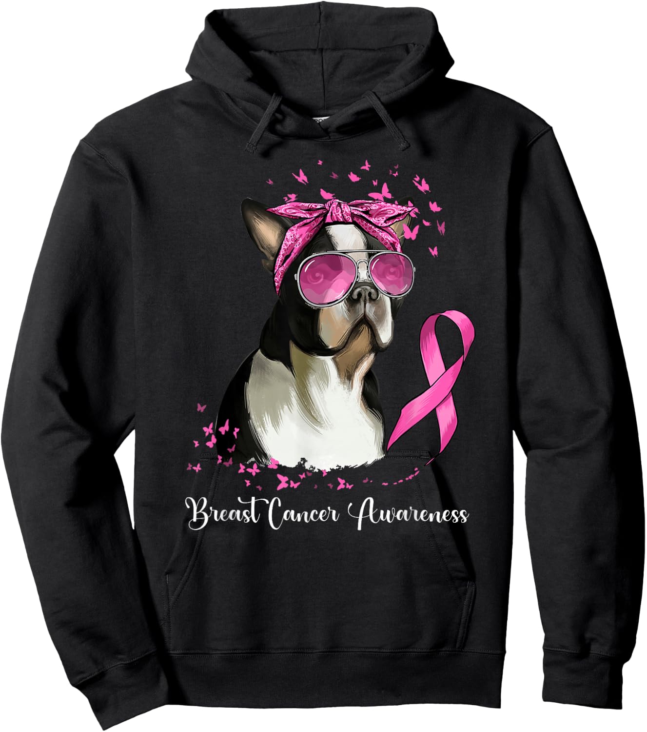 Boston Terrier Dog Lover Pink Ribbon Breast Cancer Awareness Hoodie - Hoodie | Black