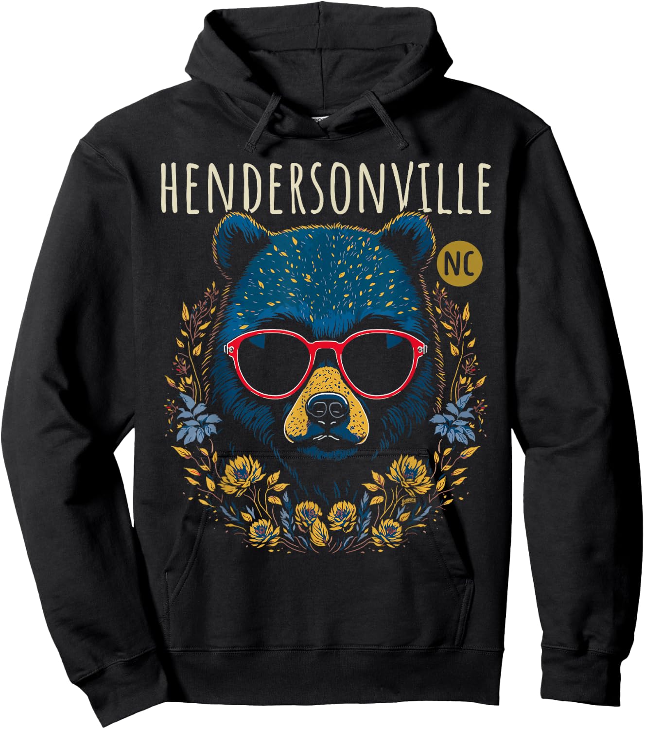 Hendersonville NC Fun Bear Wearing Glasses Flowers Design Hoodie - Hoodie | Black