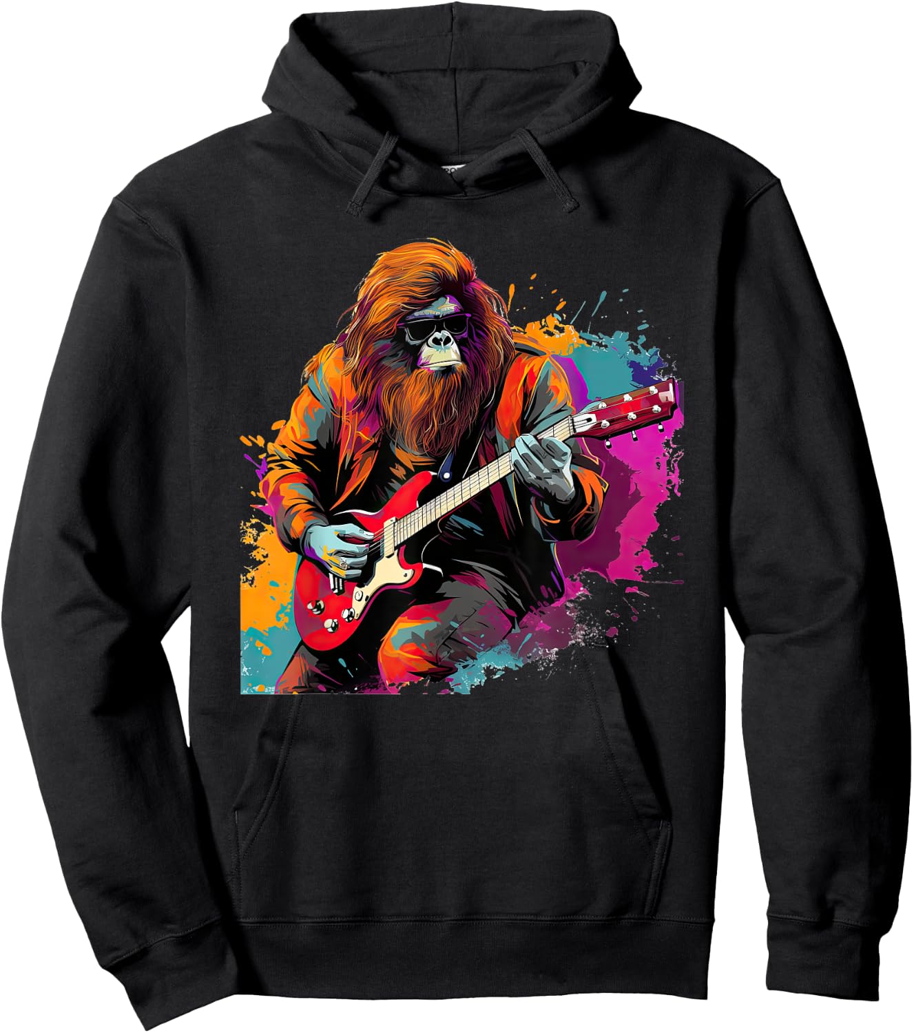 Bigfoot Guitarist Sasquatch Musician Colorful Rock Star Hoodie - Hoodie | Black