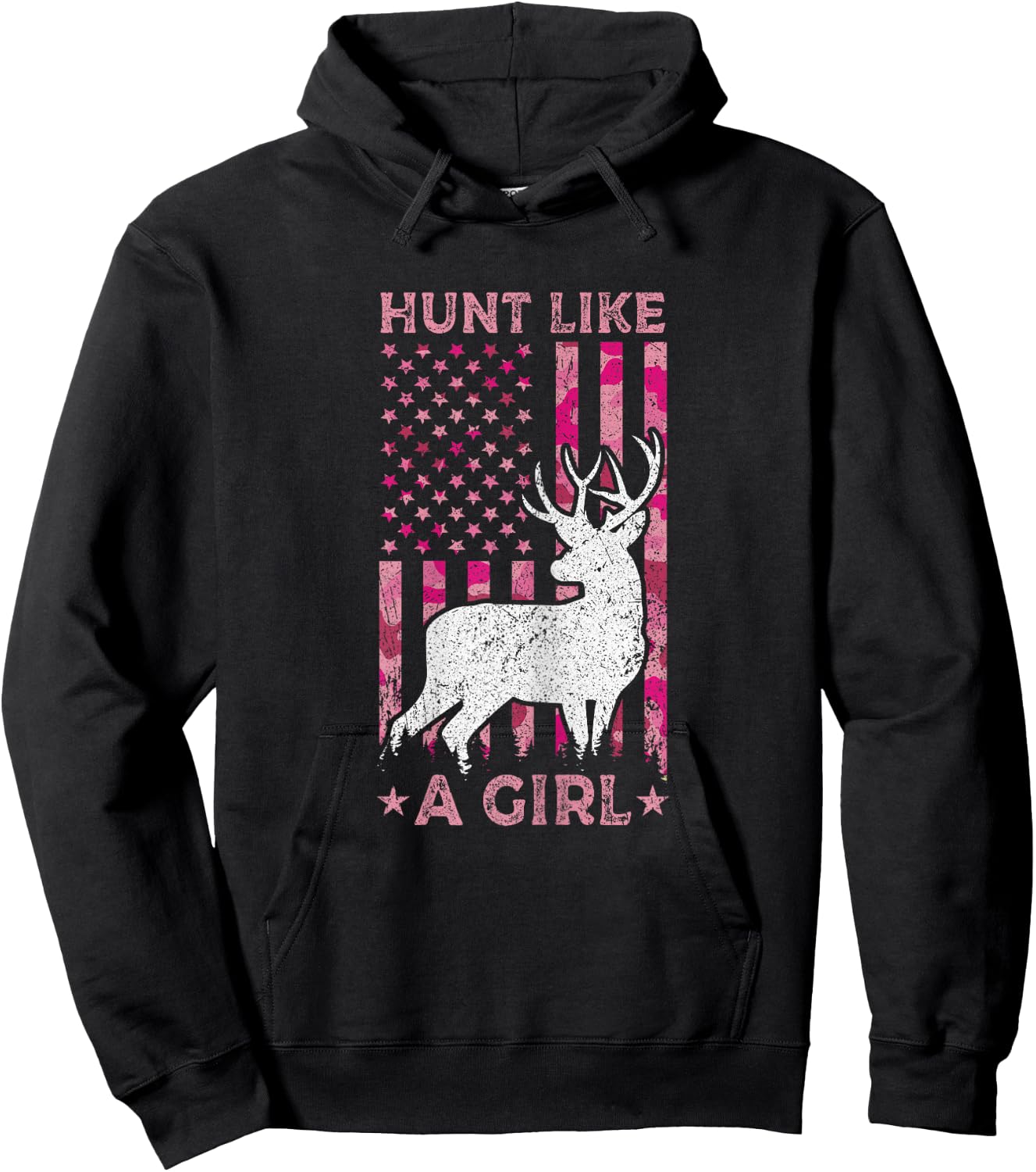 Pink Camo USA Flag Patriotic Deer Hunting Hunt Like A Girl Hoodie - Hoodie | Black