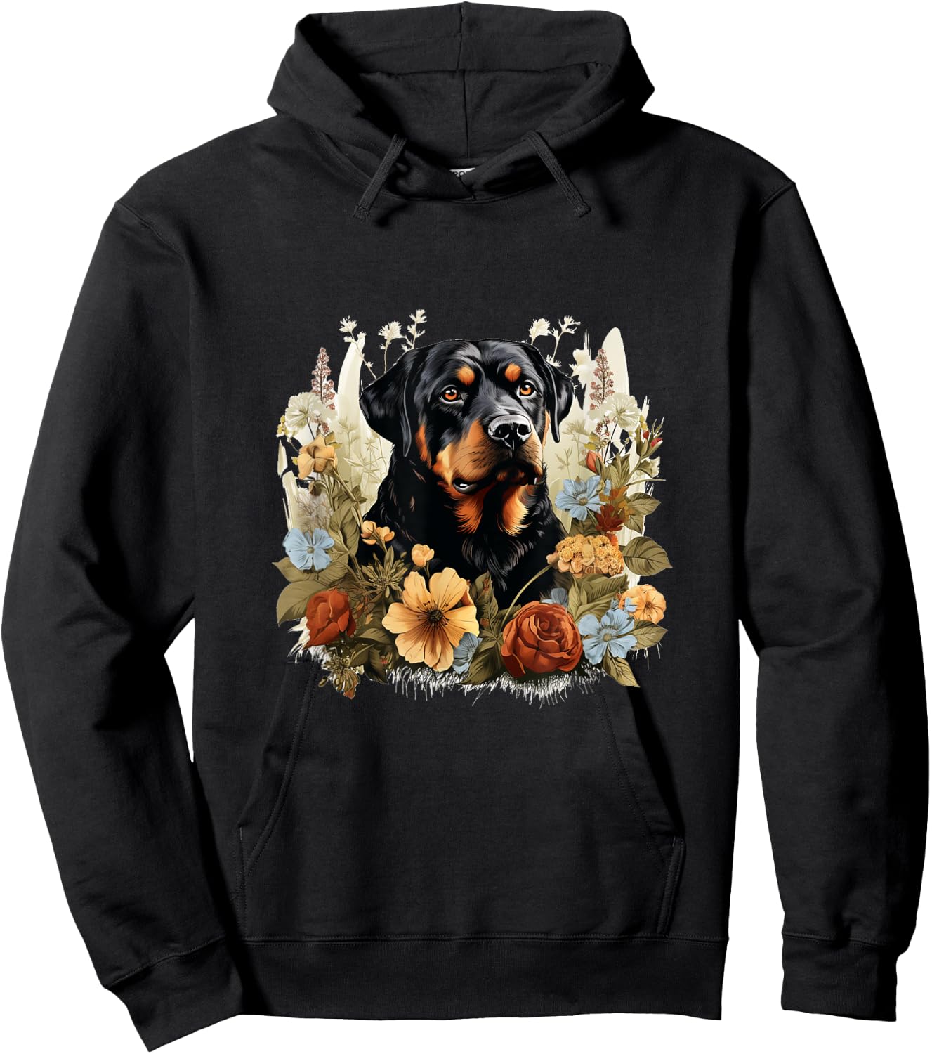 Rottweiler Dog With Flowers Vintage Pastel Floral Border Men Women Kids Hoodie - Hoodie | Black