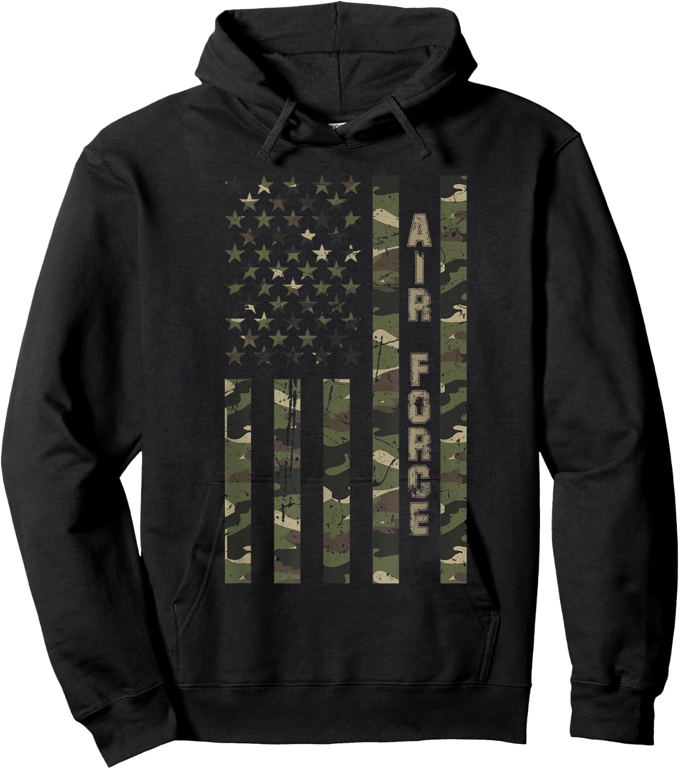 Air Force United States Distressed Camo w US Flag Hoodie - Hoodie | Black