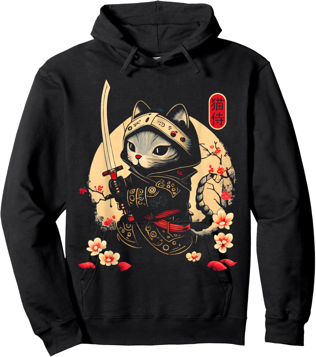 Japanese Samurai Cat Tattoo, Kawaii Ninja Cat Hoodie - Hoodie | Black