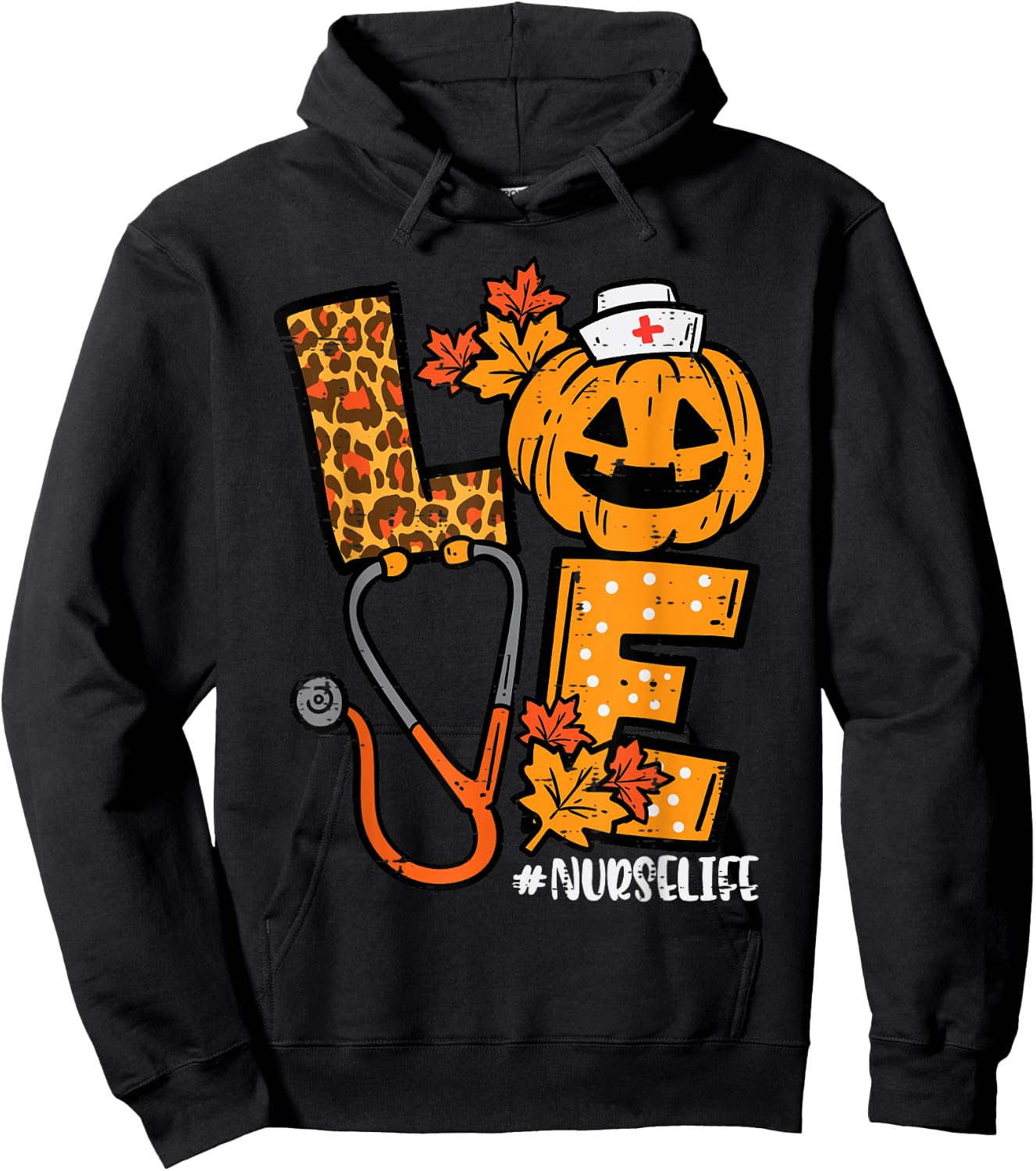 Leopard Pumpkin Nurse Halloween Costume Fall Scrub Top Women Hoodie - Hoodie | Black