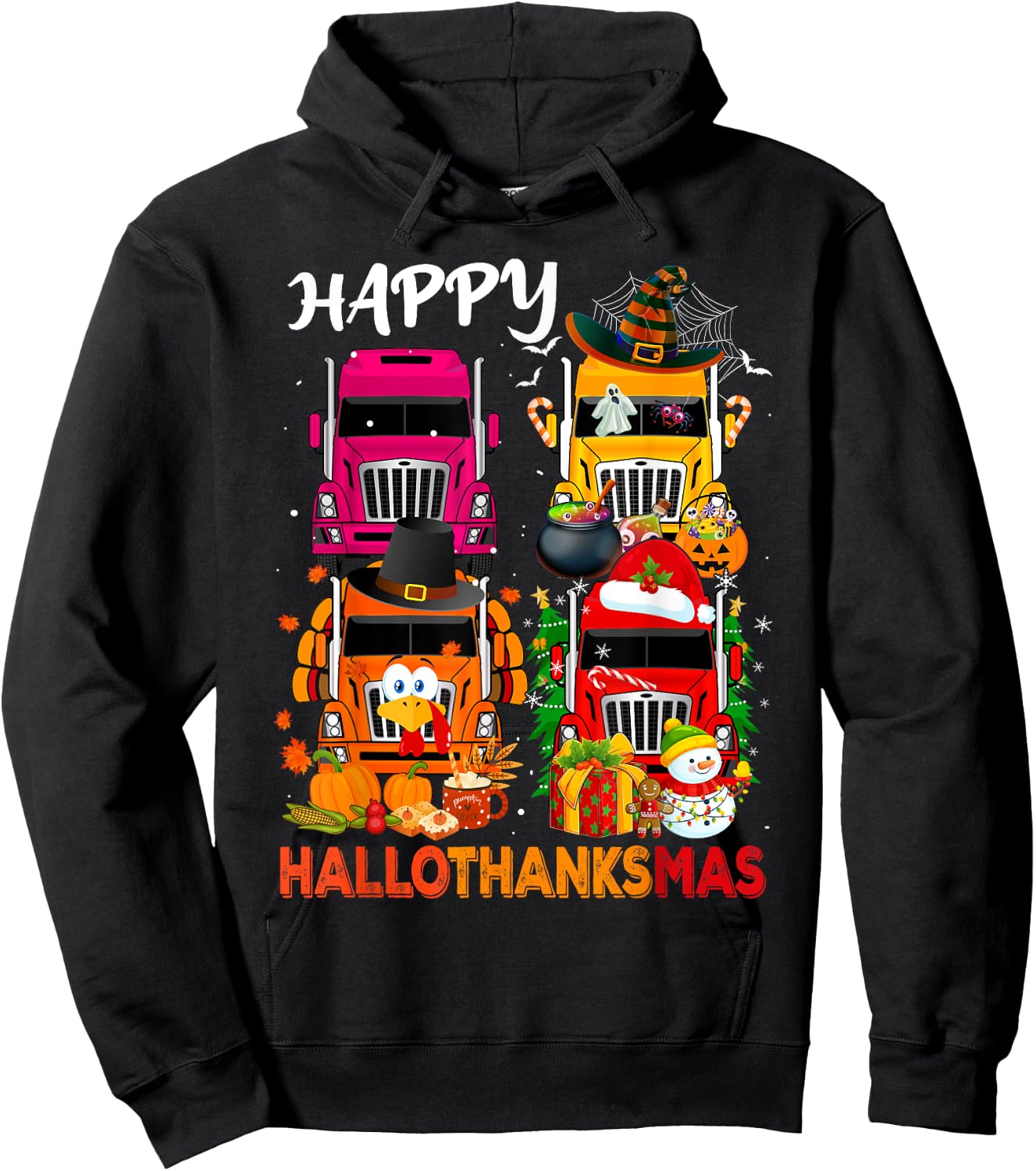 Witch Turkey Santa Trucks Truckers Happy HalloThanksMas Men Hoodie - Hoodie | Black