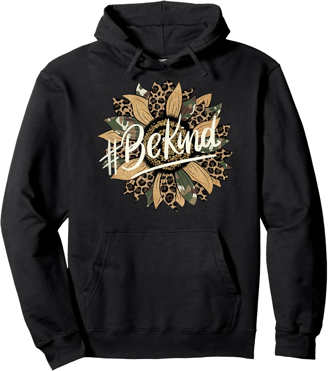 Camo and Leopard Print Sunflower Be Kind Hoodie - Hoodie | Black