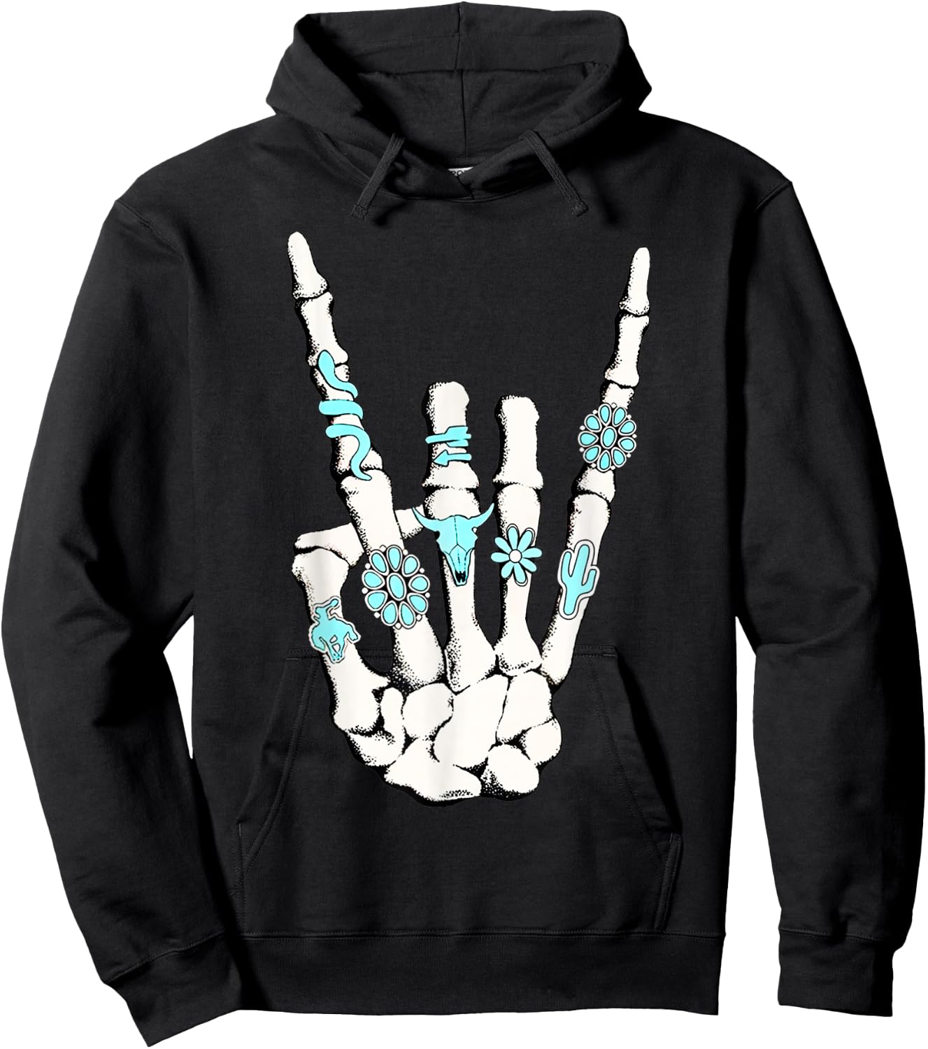 Skeleton with Turquoise Hand Western Skeleton Rings Lover Hoodie - Hoodie | Black