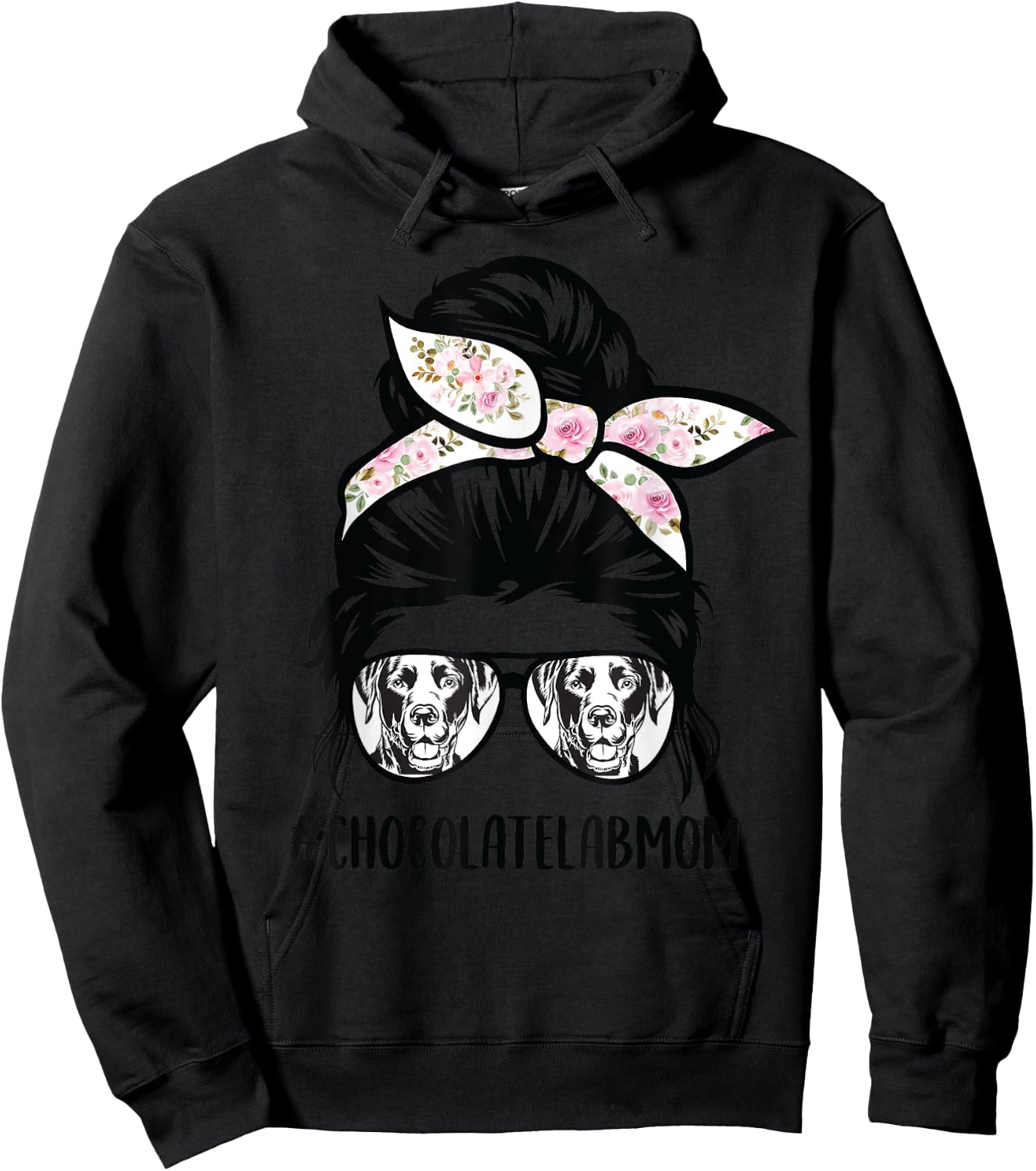 Chocolate Lab mom messy bun hair glasses Hoodie - Hoodie | Black