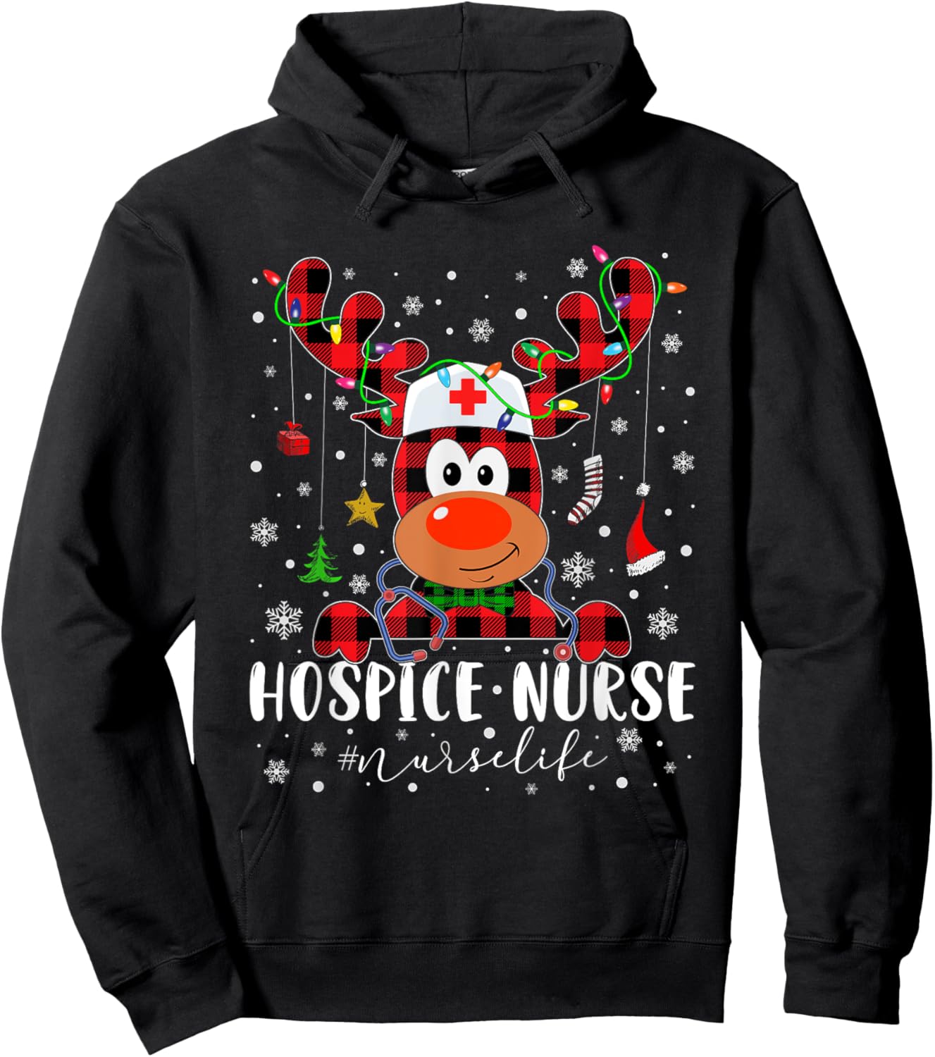 Love Hospice Nurse Life Reindeer Nurse Christmas Pajama Hoodie - Hoodie | Black