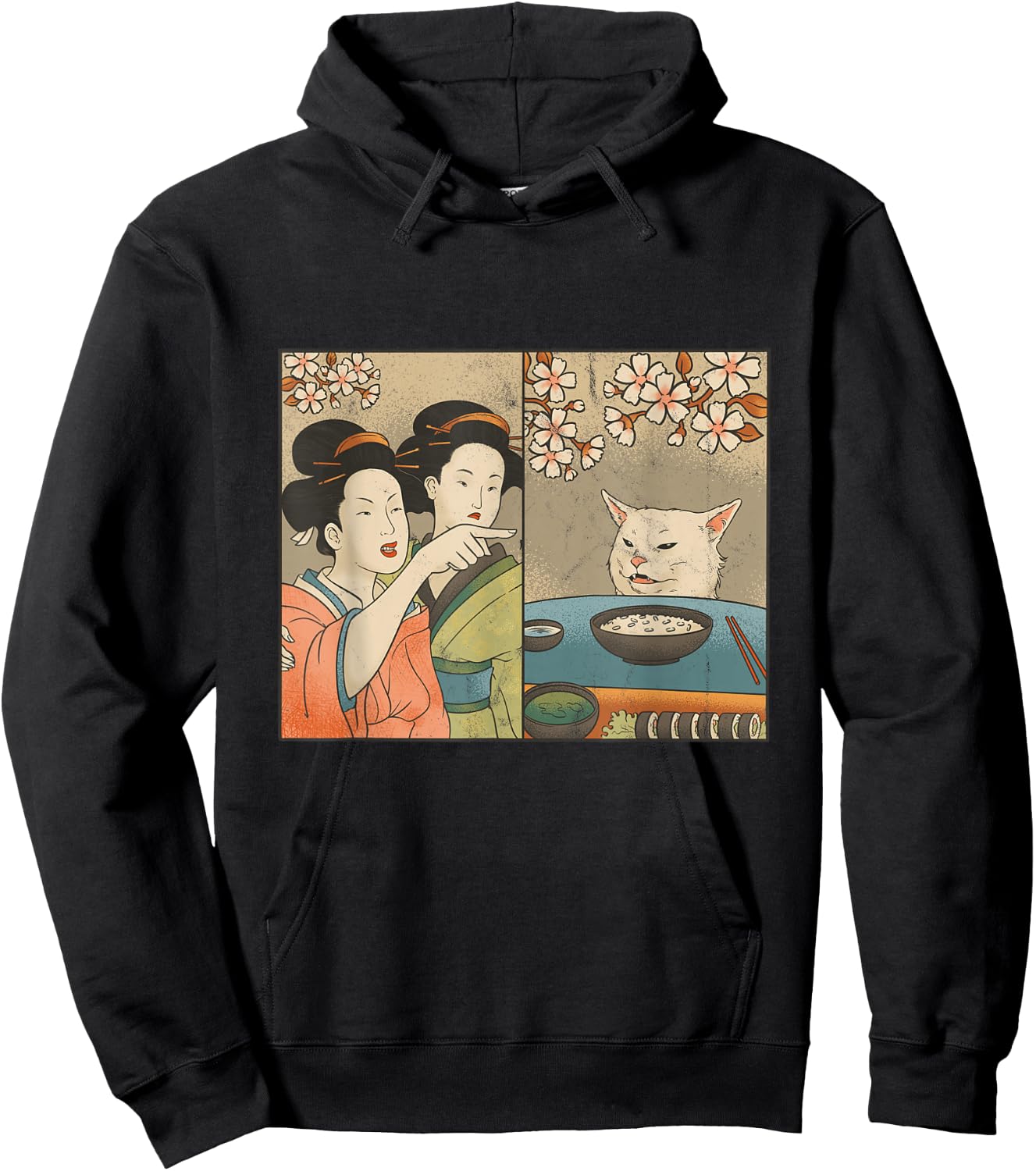 Japanese Art Cherry Blossom Cat and Sushi Hoodie - Hoodie | Black