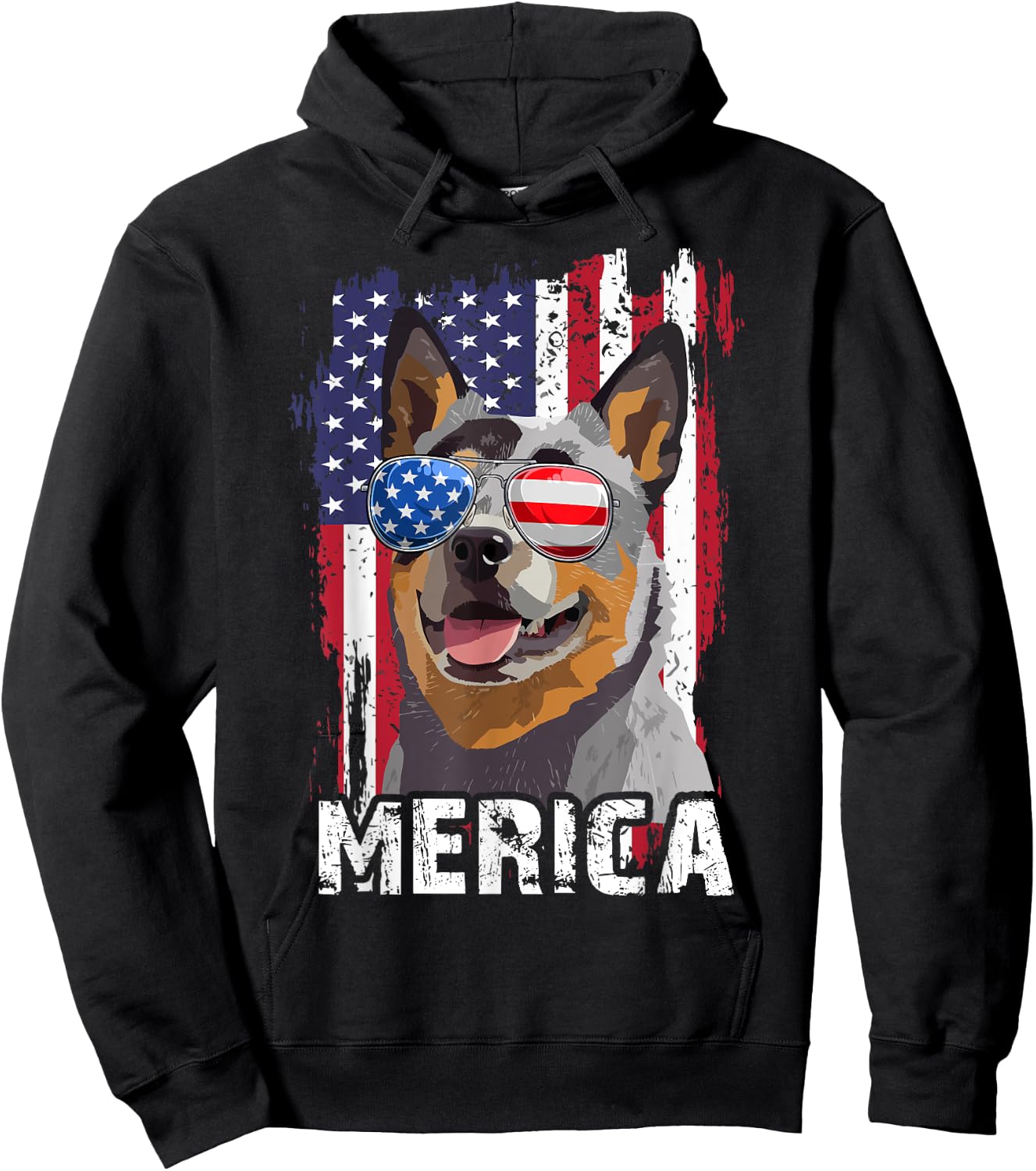 Merica 4th July Australian Cattle Dog US Flag Heeler Mom Dad Hoodie - Hoodie | Black