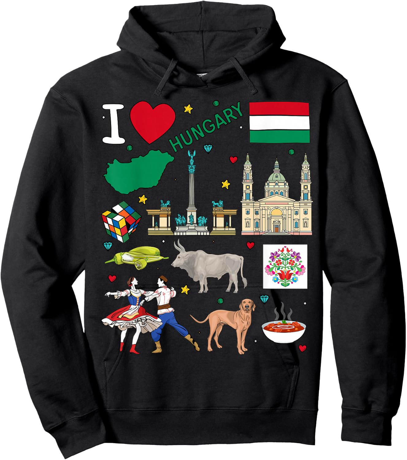 I love Hungary. Hand drawn Hungarian Landmarks, flag and map Hoodie - Hoodie | Black