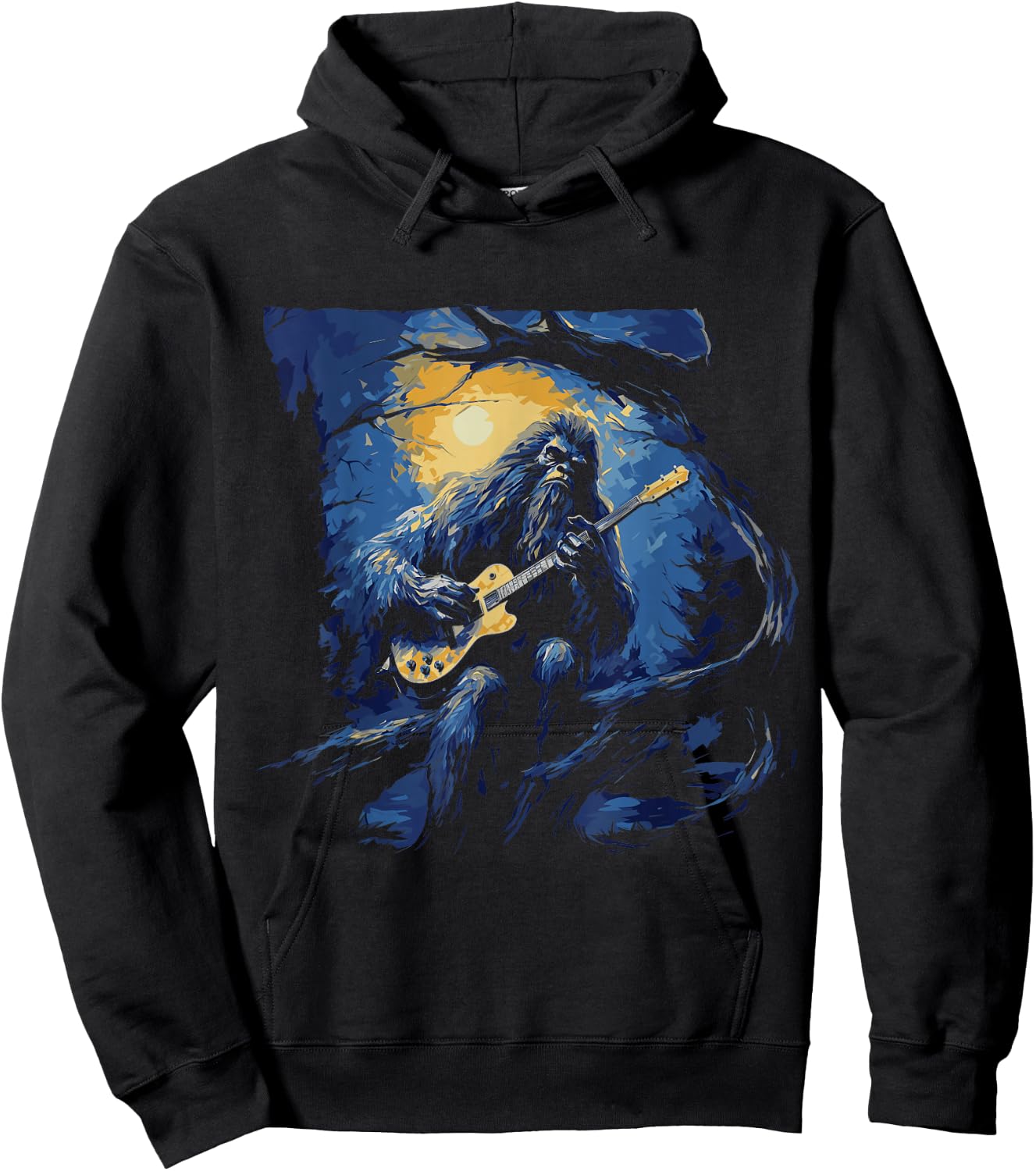 Bigfoot Playing a Guitar Starry Night Funny Sasquatch Rocker Hoodie - Hoodie | Black