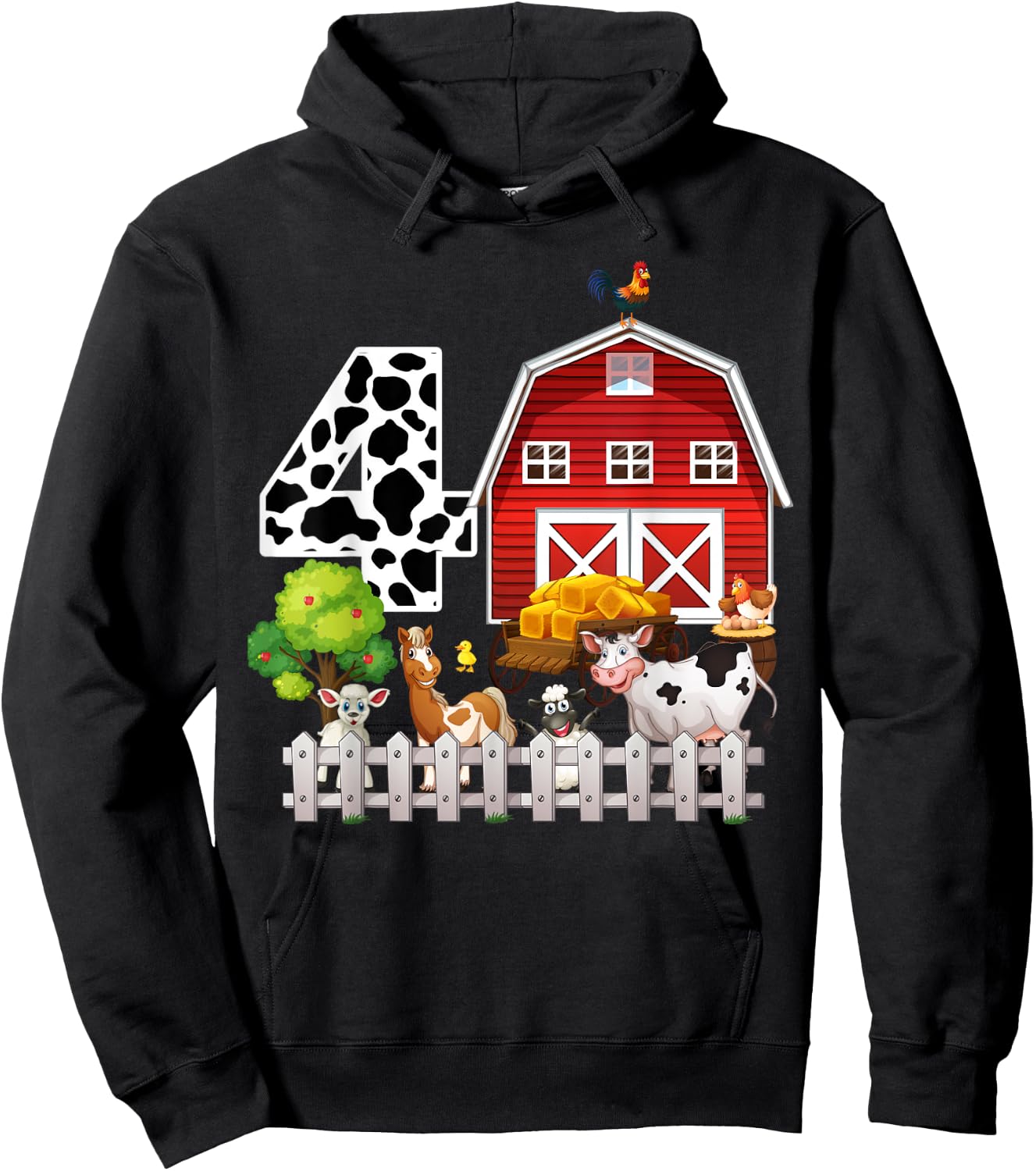 Farm Animals 4th Birthday 4 Year Old Birthday Kids Boy Girl Hoodie - Hoodie | Black