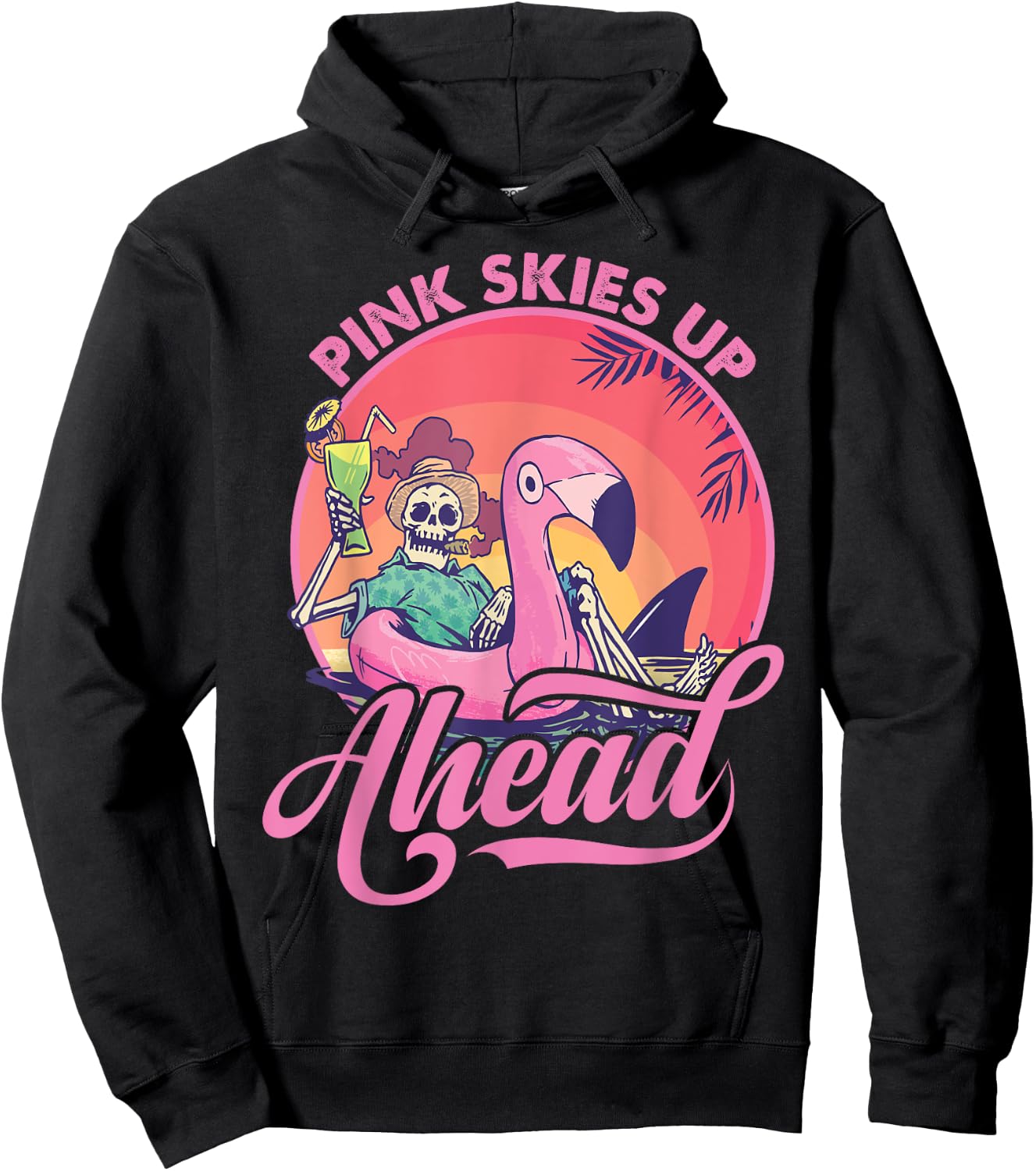 Pink Skies Up Ahead - Skeleton - Flamingo - Beach Women Kids Hoodie - Hoodie | Black