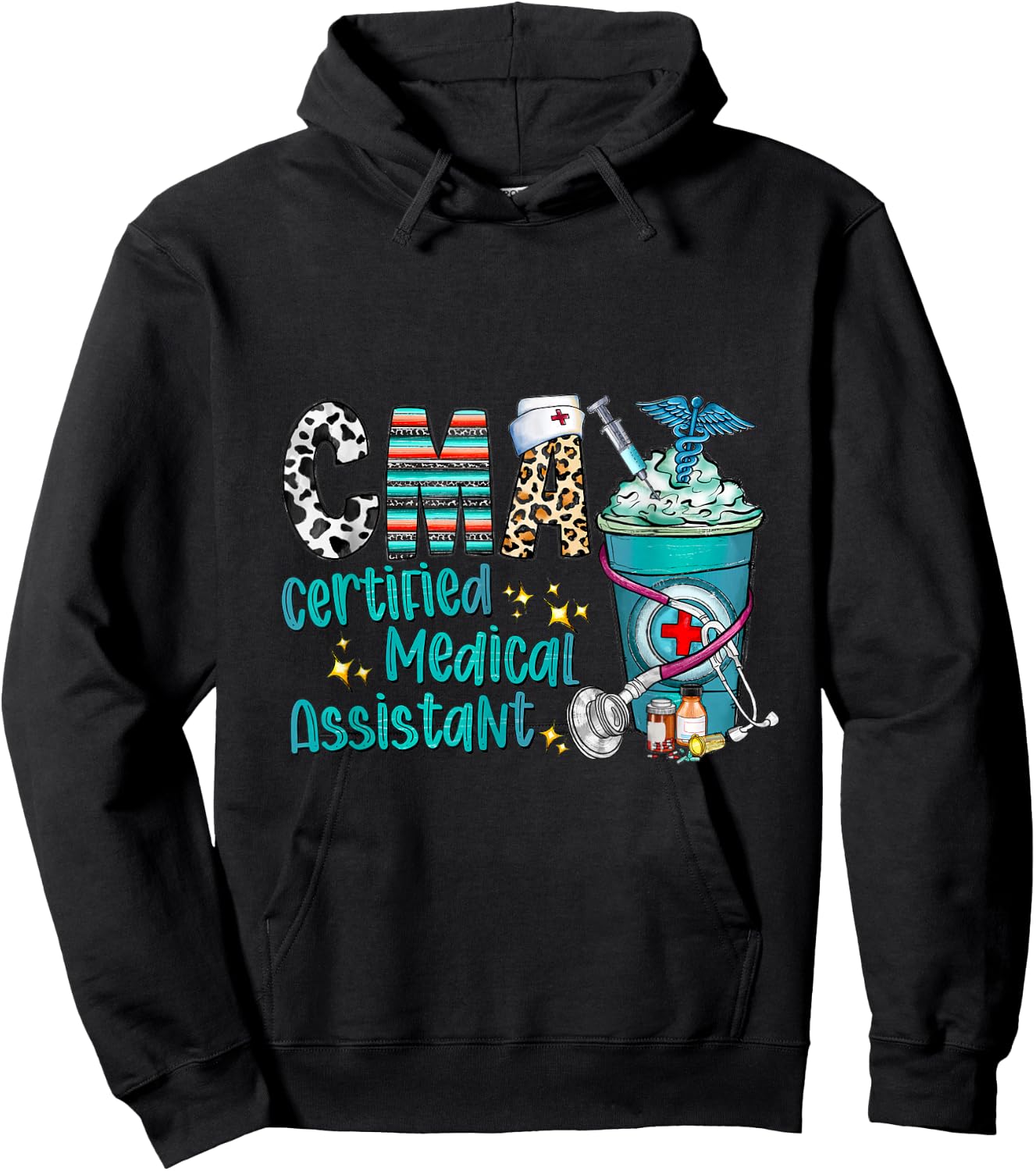 Certified Medical Assistant CMA Leopard Cowhide Coffee Cup Hoodie - Hoodie | Black