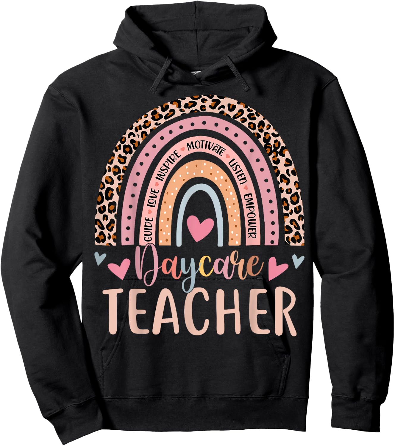 Cute Daycare Teacher Rainbow Leopard Print Childcare Worker Hoodie - Hoodie | Black