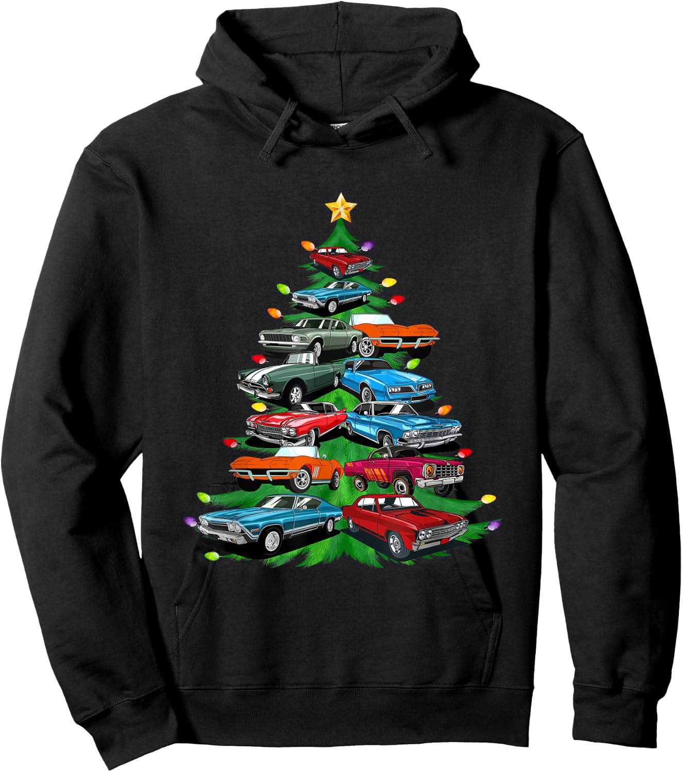 Car Madness Christmas Tree -Classic Muscle Cars and Hotrods Hoodie - Hoodie | Black
