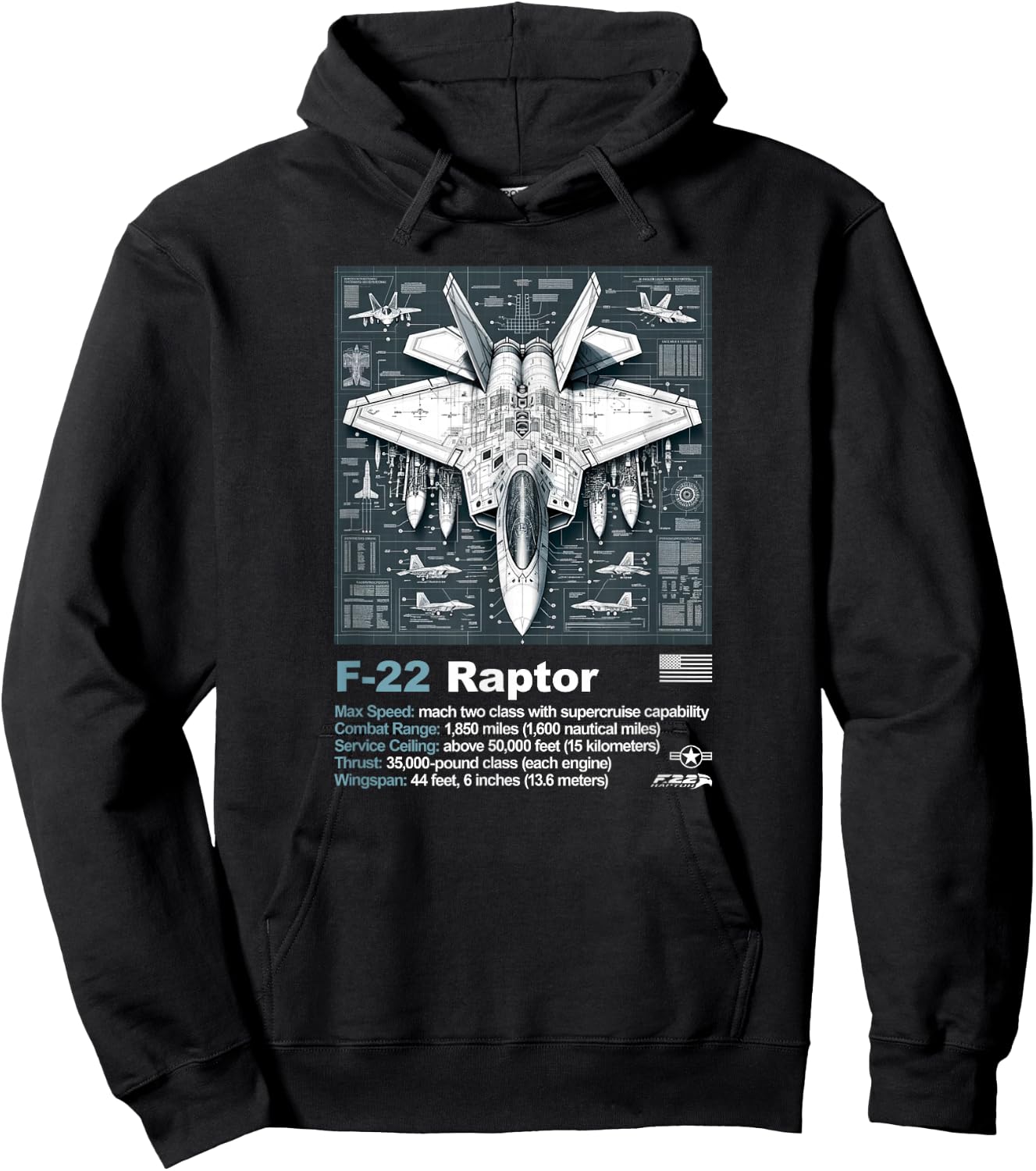 F22 Raptor Fighter Jet Blueprint Technical Drawing & Specs Hoodie - Hoodie | Black