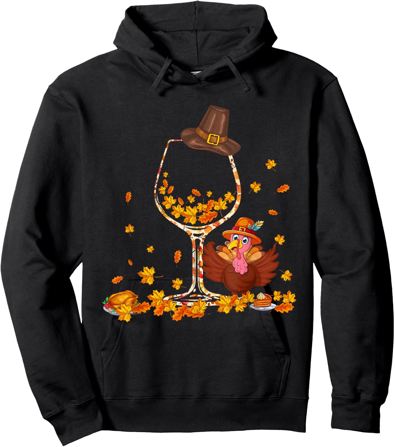 Fall Leaves Floral As Wine Glasses Shape Thanksgiving Turkey Hoodie - Hoodie | Black