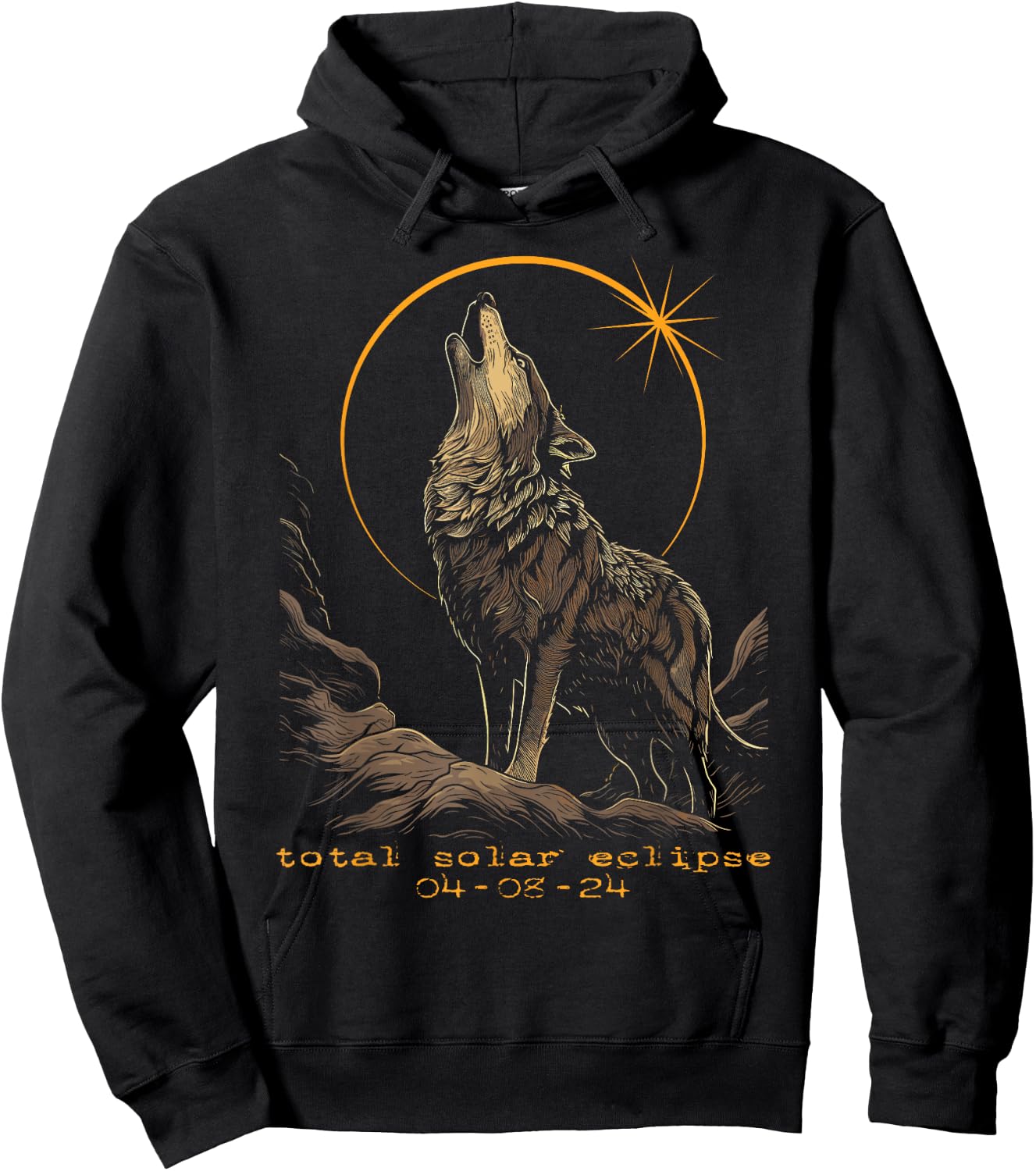 2024 Total Solar Eclipse April 8 Wolf Hoodie - Hoodie | Black