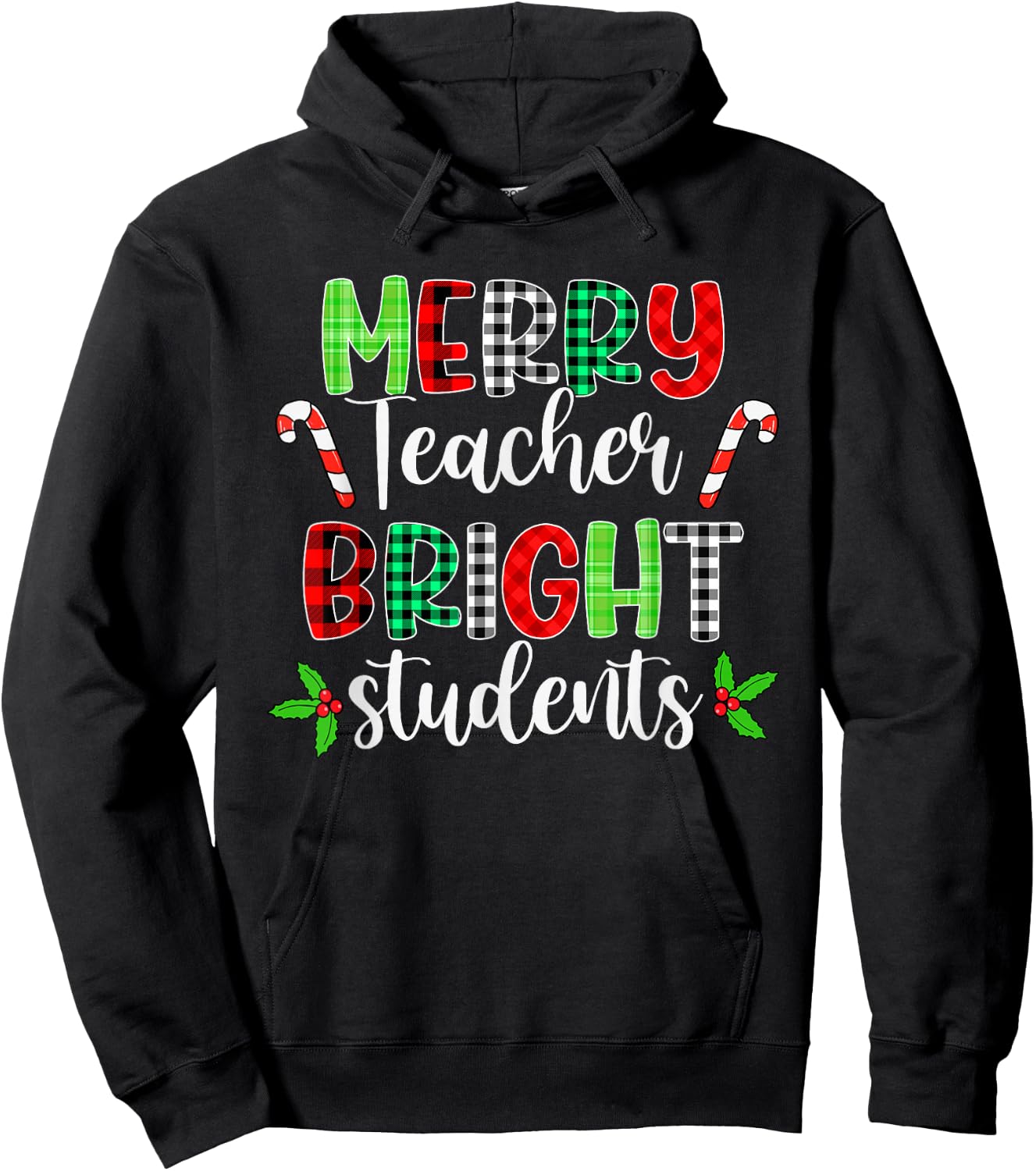 Plaid Merry Teacher Bright Students Funny Christmas Teacher Hoodie - Hoodie | Black