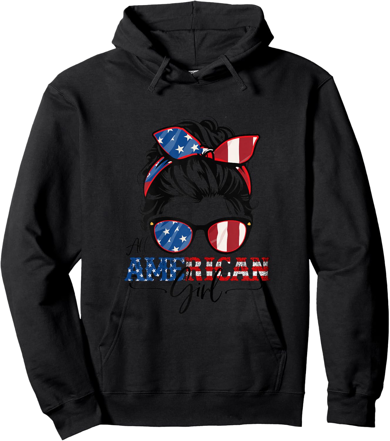 All American Girl 4th of July Women Messy Bun USA Flag Hoodie - Hoodie | Black