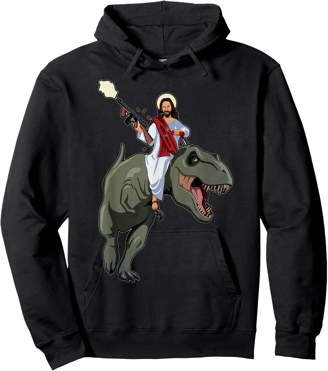 Gun Jesus Riding A T-rex Dinosaur Funny Christian Dino Lover Hoodie - Hoodie | Black