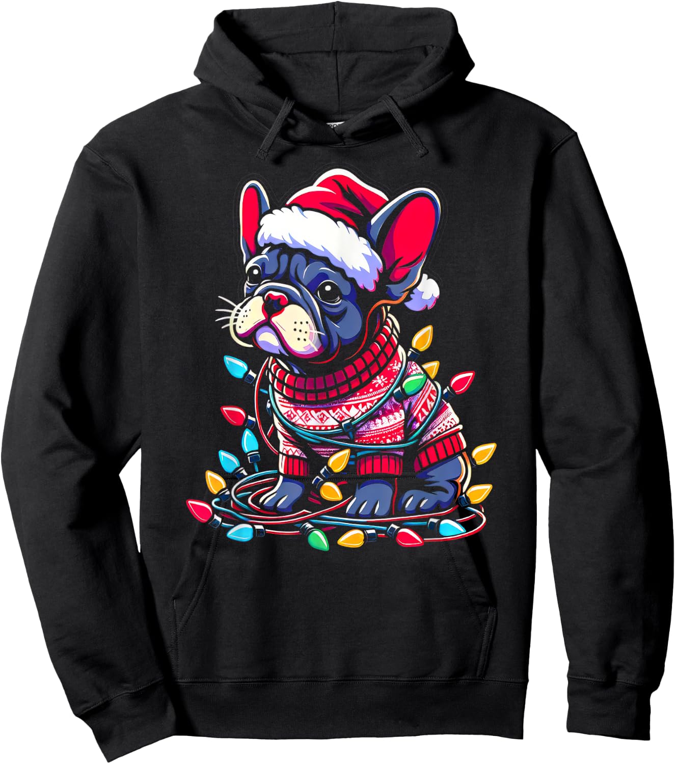 Funny Frenchie Tree Xmas Lights Pajama Hoodie - Hoodie | Black