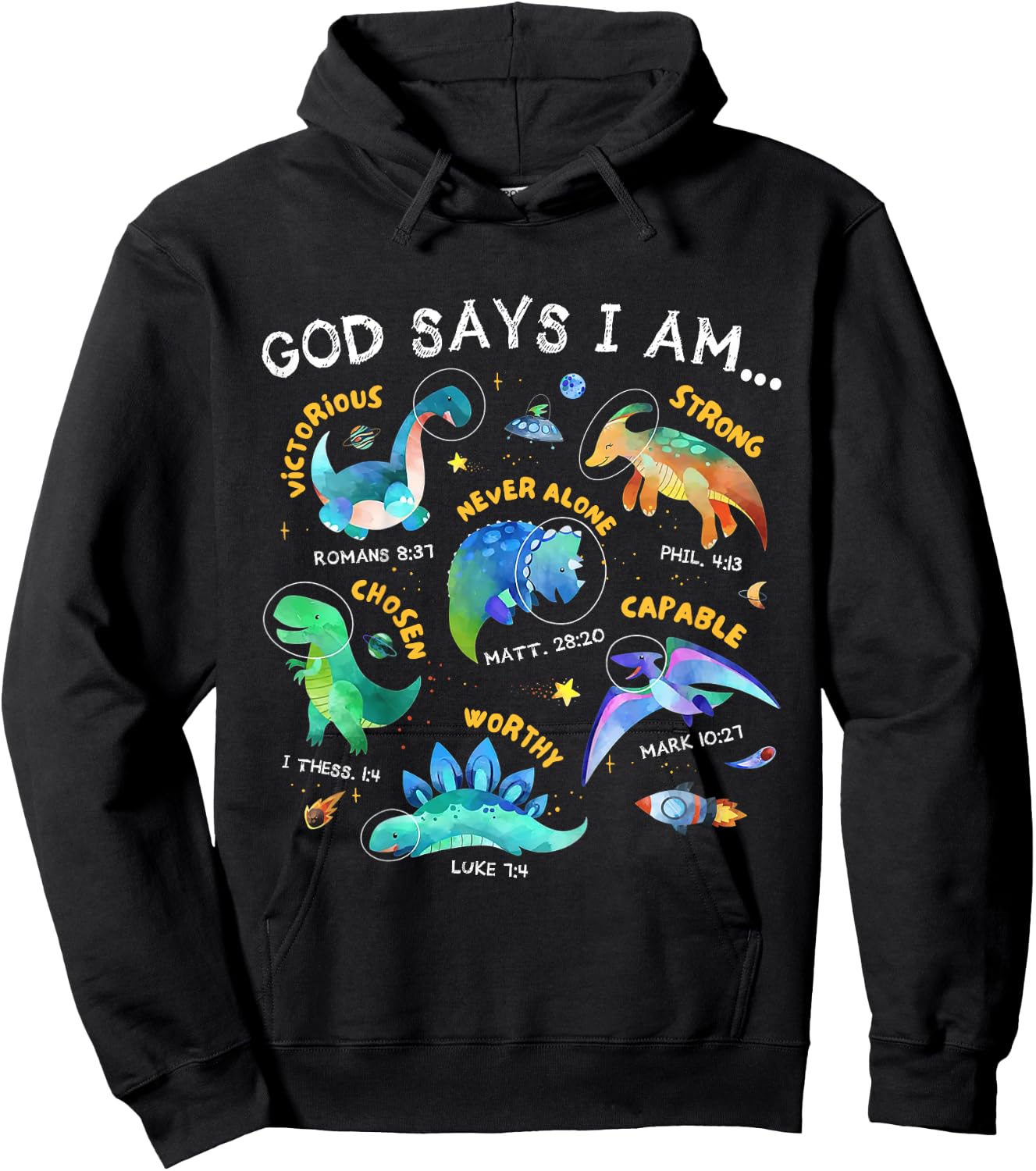 Kids God Says I Am Outer Space Dinosaur Bible Christian Boys Hoodie - Hoodie | Black