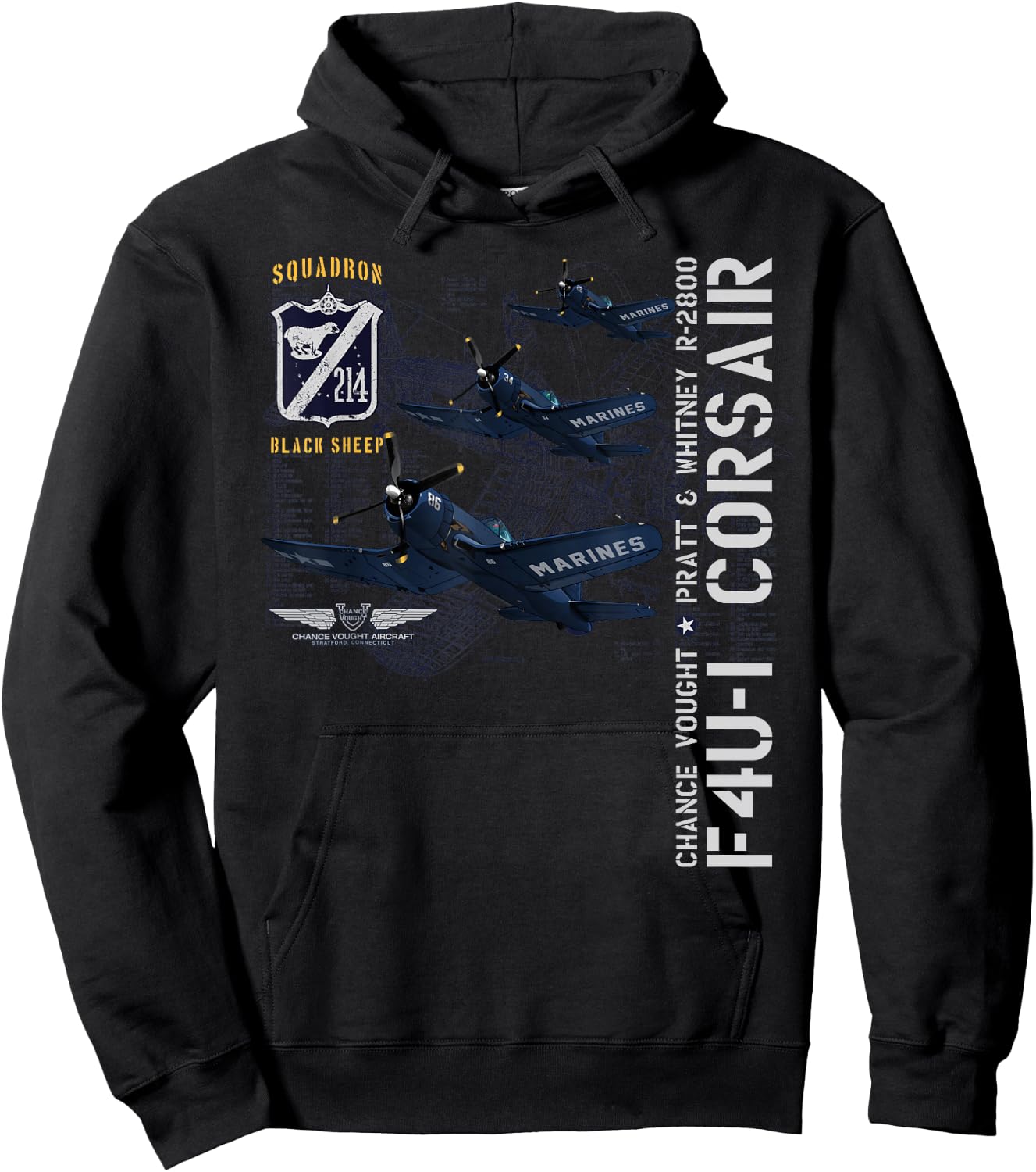 WWII AVIATION APPAREL F4U-1 CORSAIR (214) - -Adults and Kids - Blue - Small Hoodie - Hoodie | Black