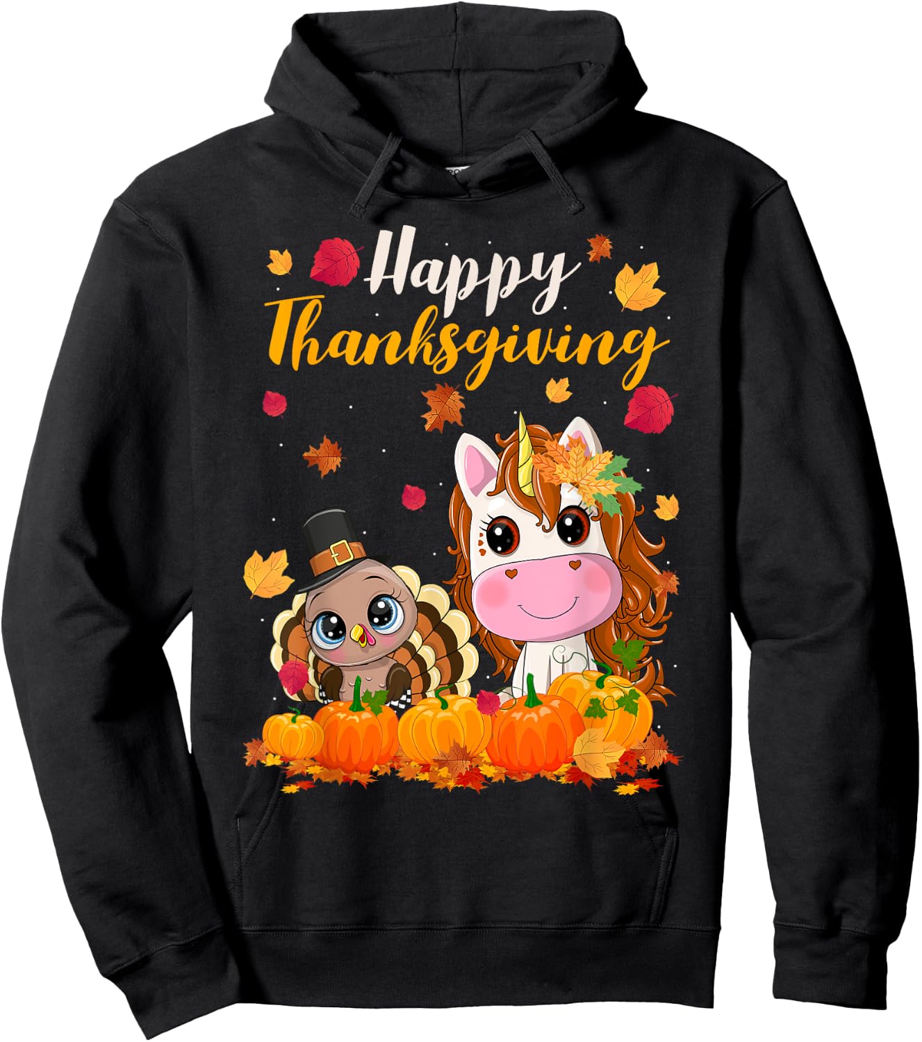 Cute Unicorn Turkey Pilgrim Thanksgiving Fall Little Girls Hoodie - Hoodie | Black