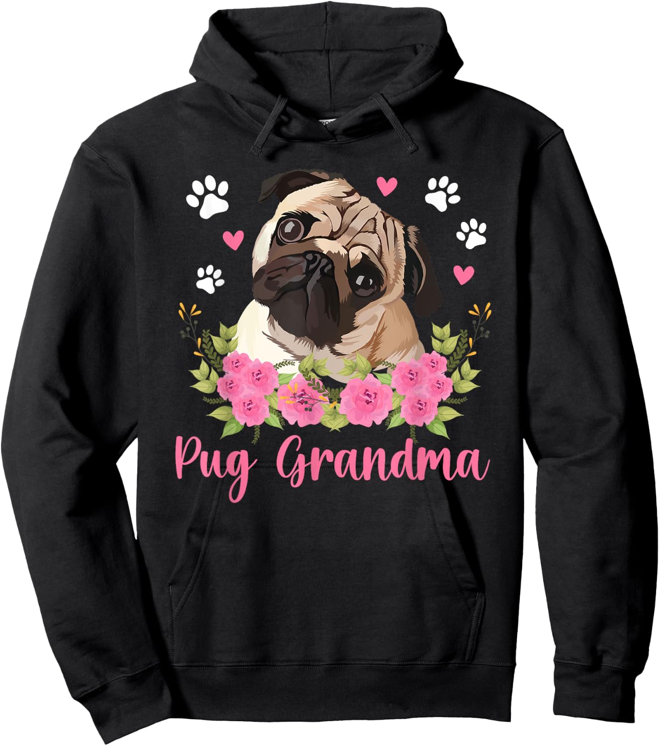 Pug Grandma Flowers Grandma Of A Pug Grandmother Hoodie - Hoodie | Black