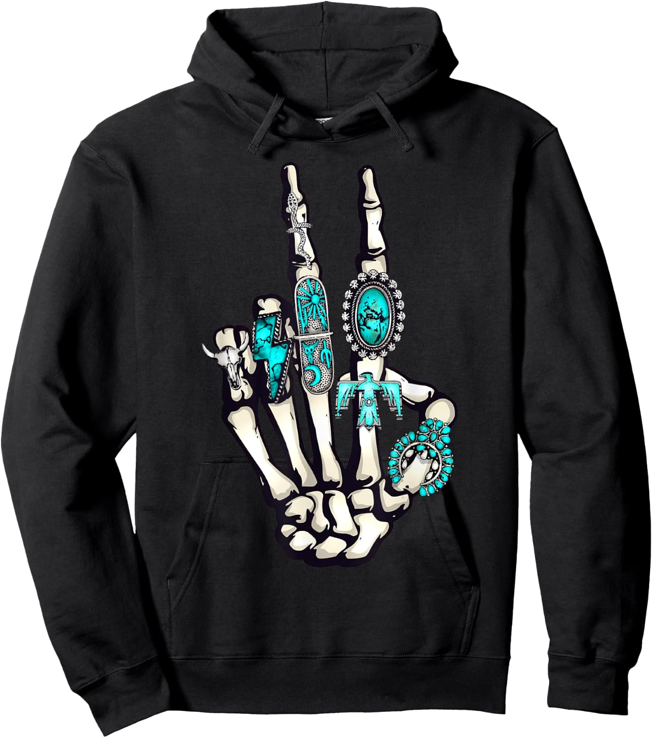 Skeleton with Turquoise Hand Western Skeleton Rings Lover Hoodie - Hoodie | Black