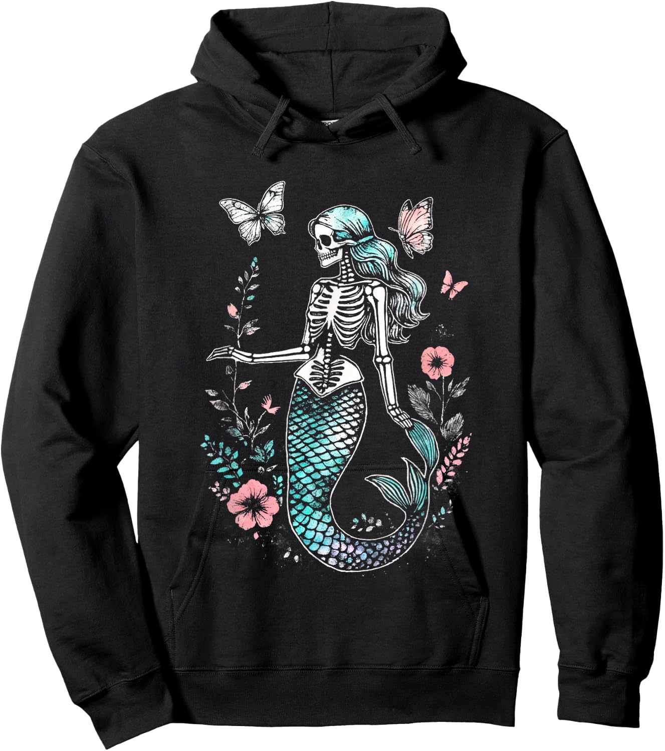 Goth Floral Butterflies Kawaii Skeleton Mermaid Hoodie - Hoodie | Black