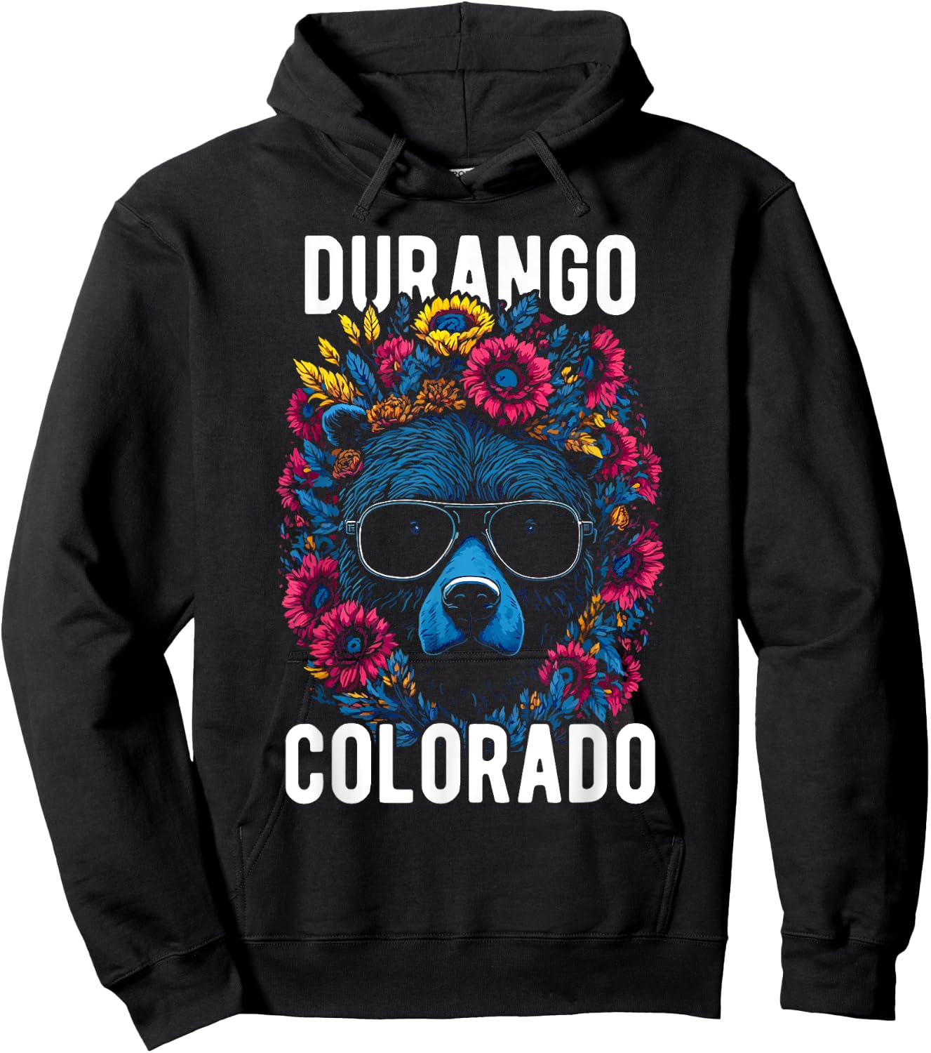 Durango Colorado USA Fun Bear with Flowers Design Hoodie - Hoodie | Black