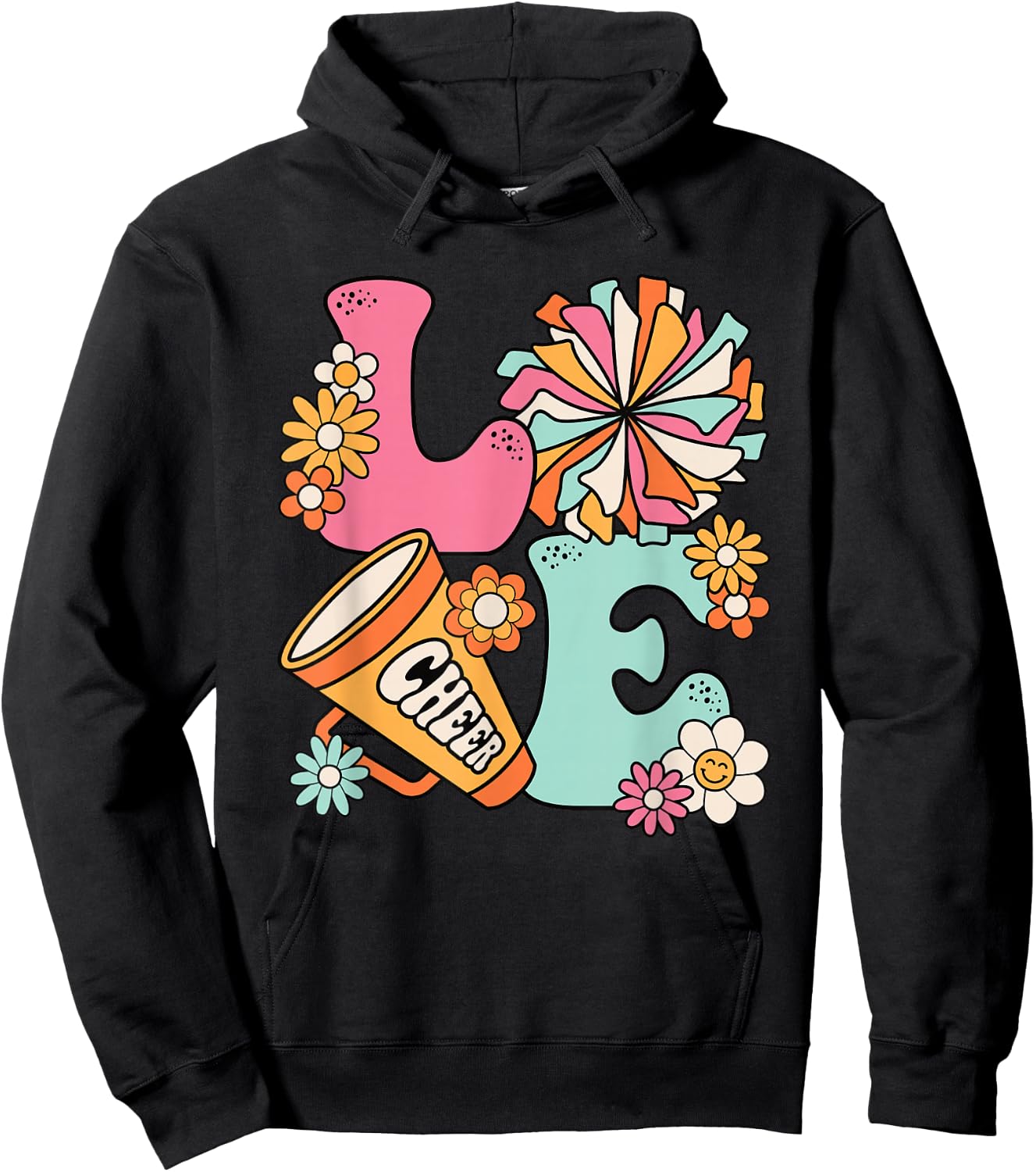 Love Cheer Groovy Cheerleader Cheerleading Women Girls Teens Hoodie - Hoodie | Black