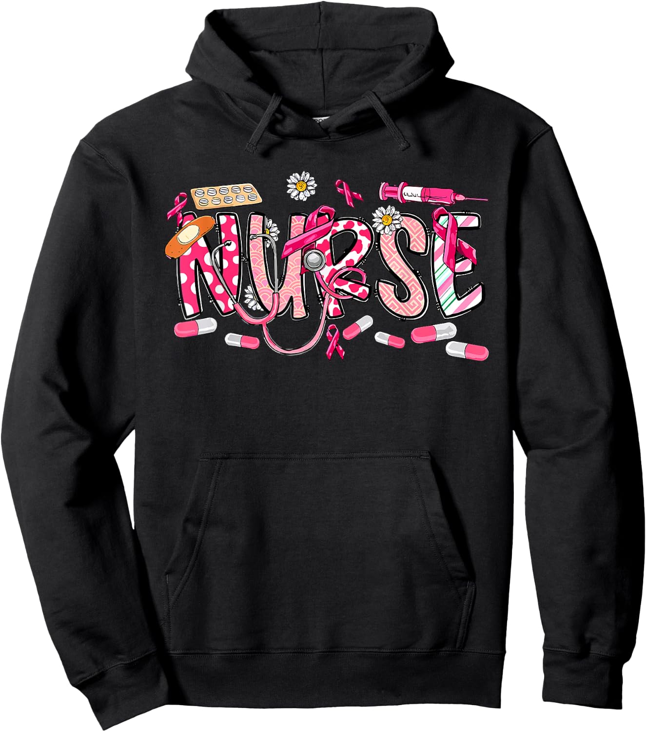 Pink Stethoscope Nurse Medical Breast Cancer Awareness Hoodie - Hoodie | Black