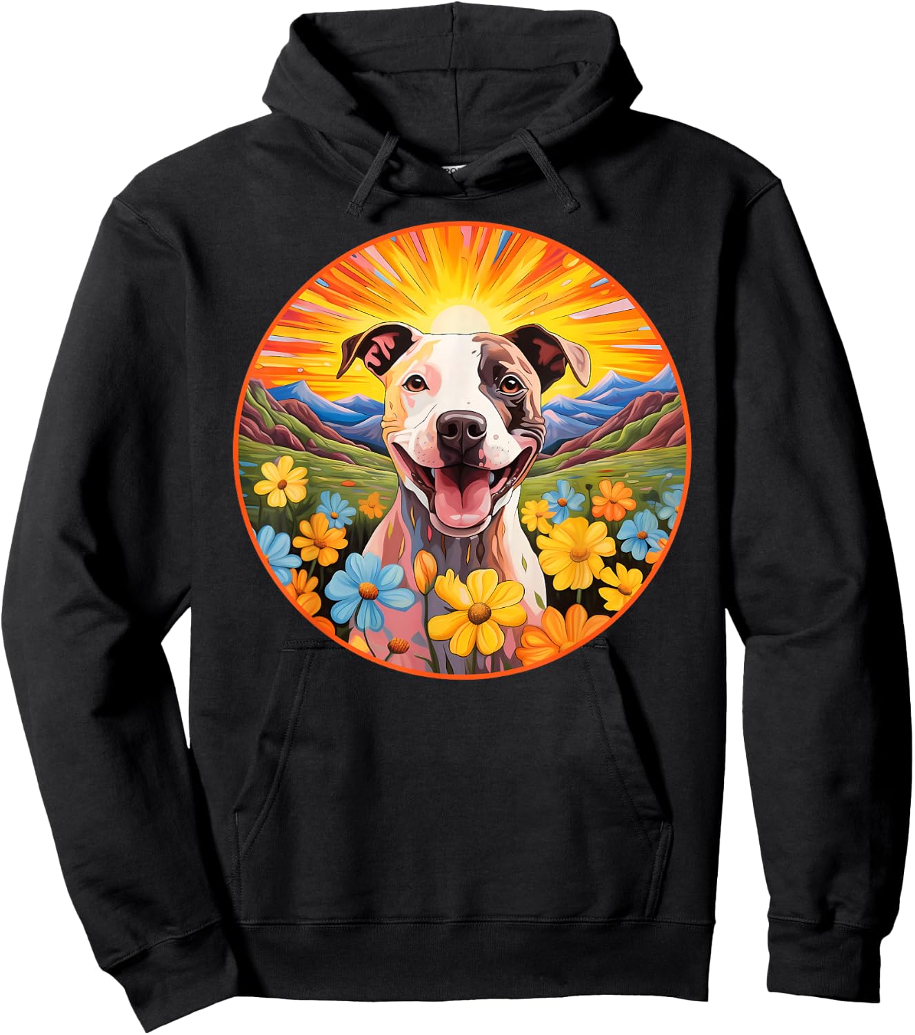 Cute Pitbull Colorful Flower Mountain Sunset Puppy Dog Hoodie - Hoodie | Black