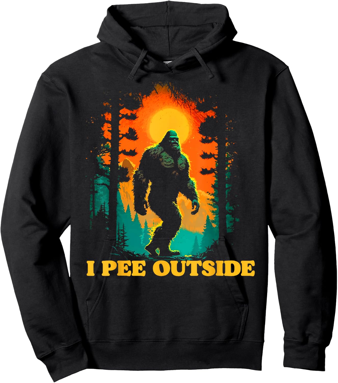 I Pee Outside Funny Bigfoot Hiking Sasquatch Retro Sunset Hoodie - Hoodie | Black